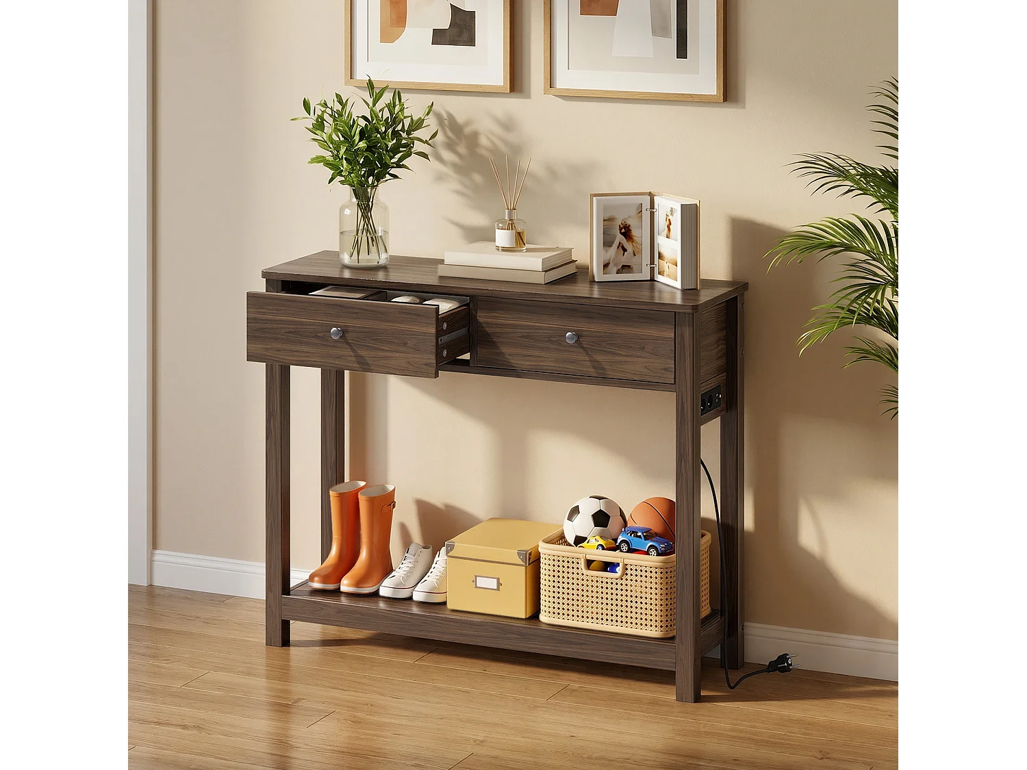 Console d'Entrée Bealife avec Prise de Charge à Gauche ou à Droite, 2 Tiroirs, 1 Étagère de Rangement, Dimensions 100 × 30 × 80 Cm, Marron