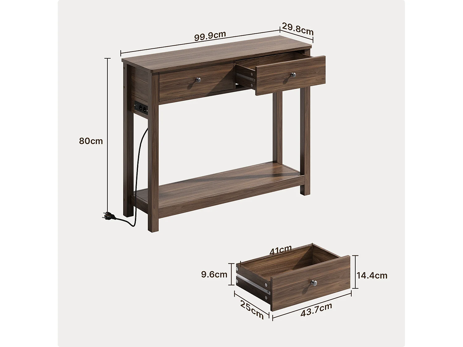 Console d'Entrée Bealife avec Prise de Charge à Gauche ou à Droite, 2 Tiroirs, 1 Étagère de Rangement, Dimensions 100 × 30 × 80 Cm, Marron