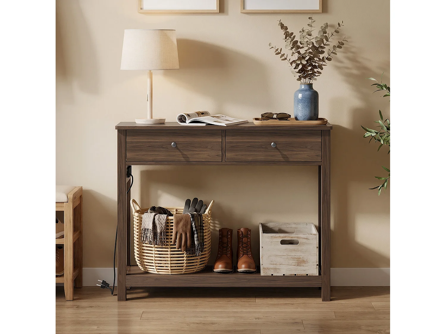 Console d'Entrée Bealife avec Prise de Charge à Gauche ou à Droite, 2 Tiroirs, 1 Étagère de Rangement, Dimensions 100 × 30 × 80 Cm, Marron