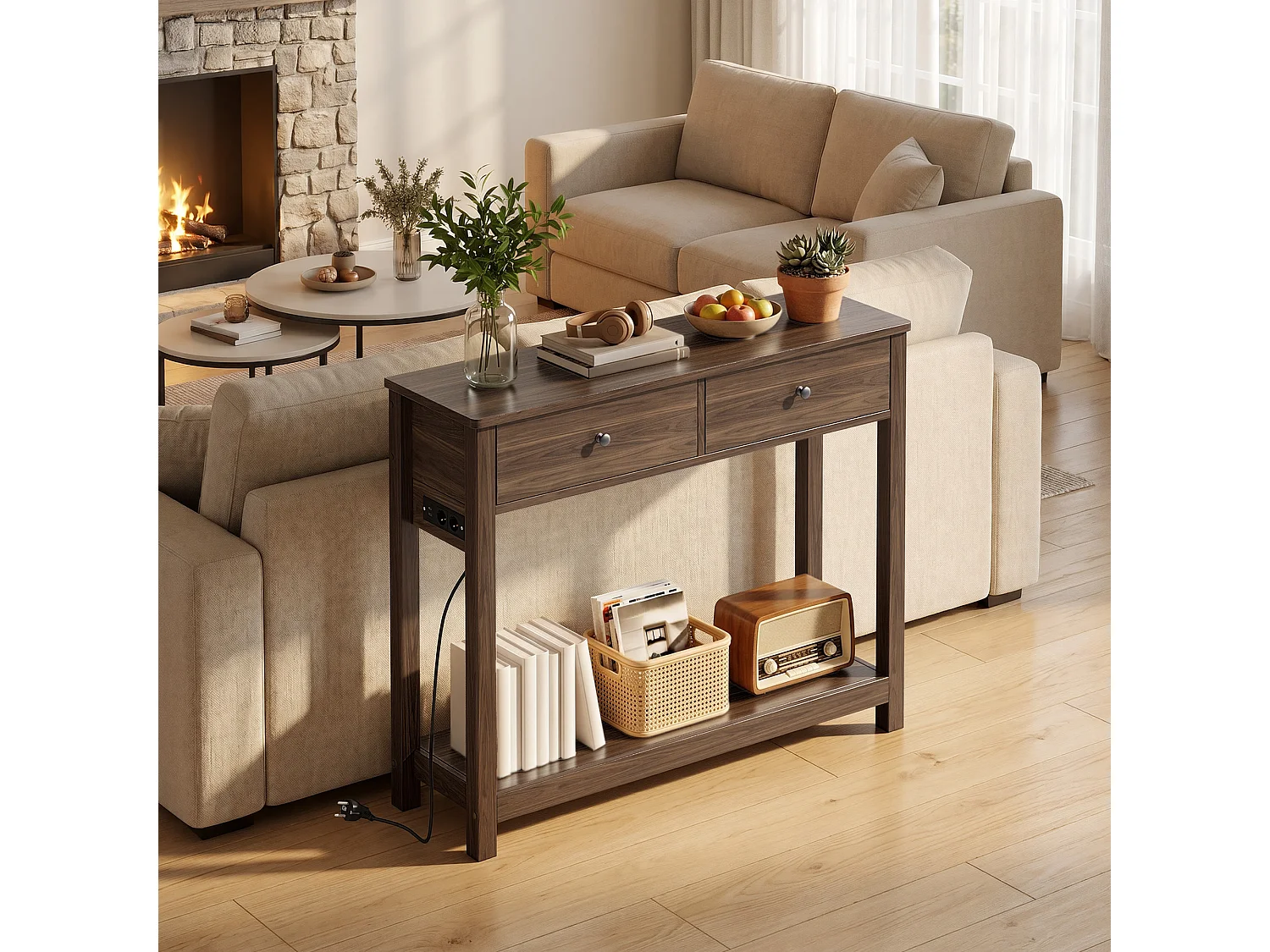 Console d'Entrée Bealife avec Prise de Charge à Gauche ou à Droite, 2 Tiroirs, 1 Étagère de Rangement, Dimensions 100 × 30 × 80 Cm, Marron
