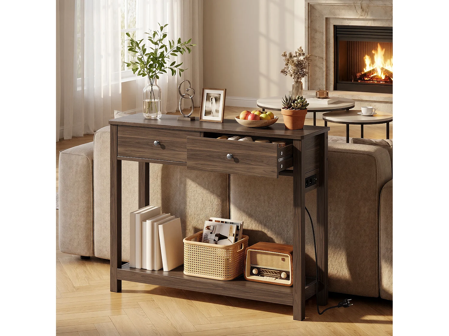 Console d'Entrée Bealife avec Prise de Charge à Gauche ou à Droite, 2 Tiroirs, 1 Étagère de Rangement, Dimensions 100 × 30 × 80 Cm, Marron