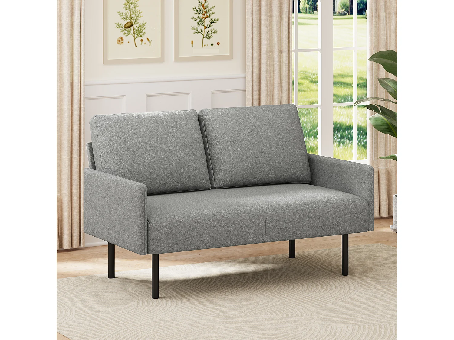 Canapé 2 Places en Tissu avec Coussins, Pieds Hauts Faciles À Nettoyer, Salon, Chambre, Bureau, 122×76×90 cm, Gris Clair