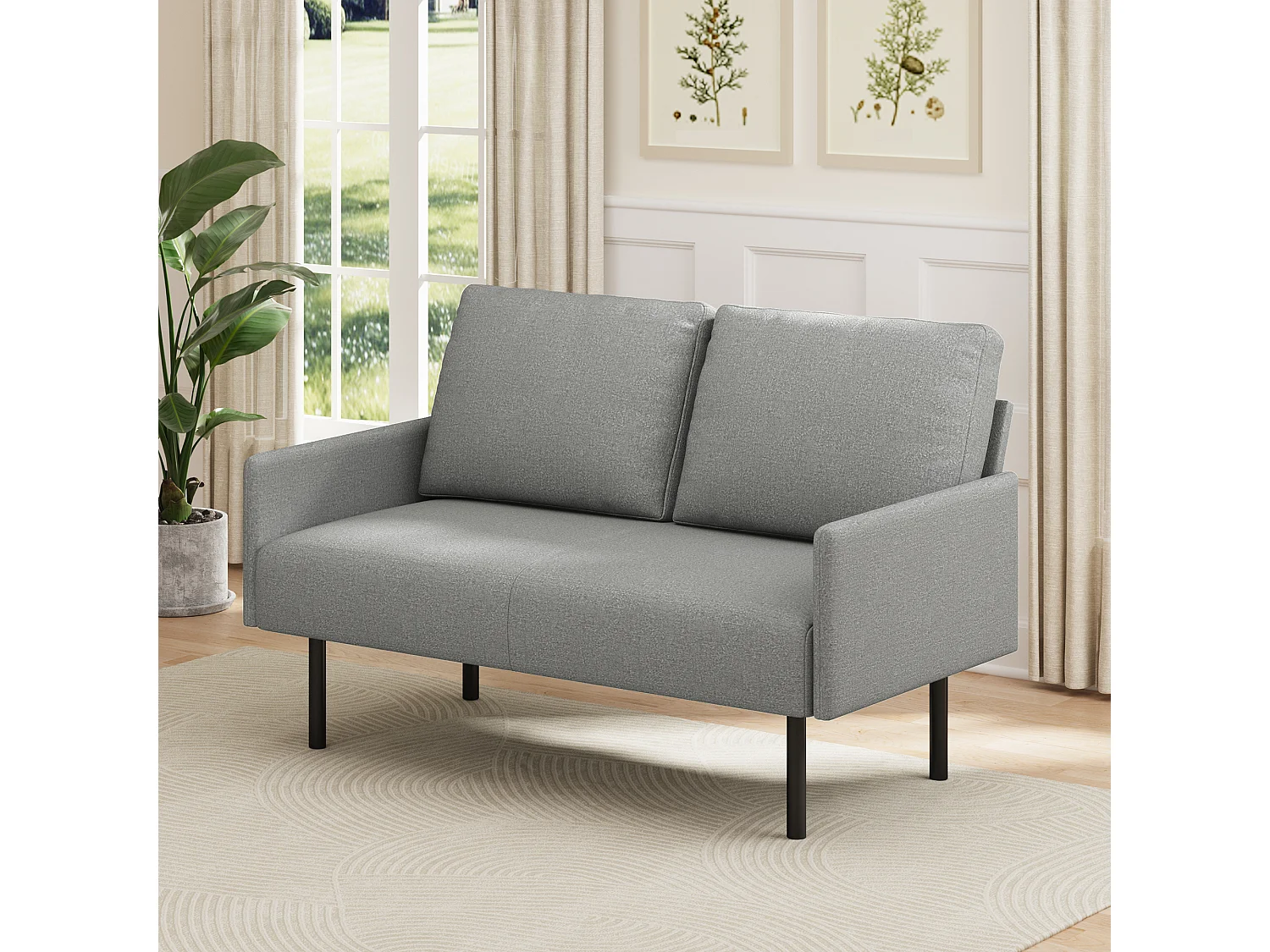 Canapé 2 Places en Tissu avec Coussins, Pieds Hauts Faciles À Nettoyer, Salon, Chambre, Bureau, 122×76×90 cm, Gris Clair