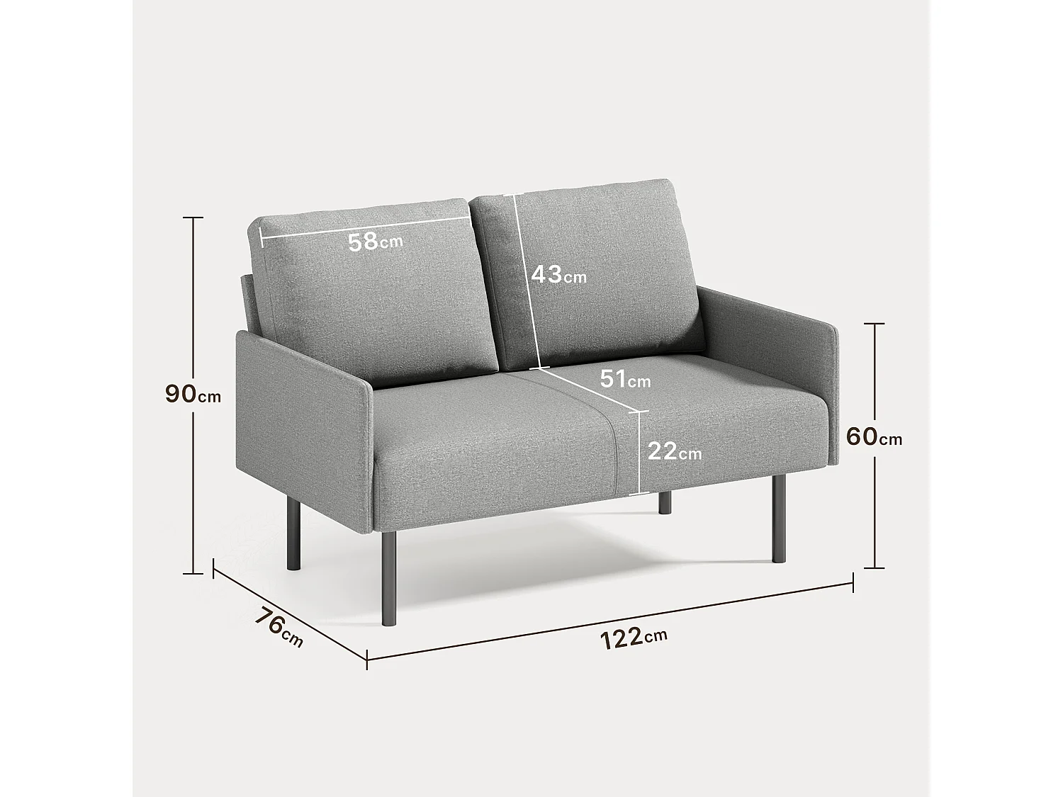 Canapé 2 Places en Tissu avec Coussins, Pieds Hauts Faciles À Nettoyer, Salon, Chambre, Bureau, 122×76×90 cm, Gris Clair