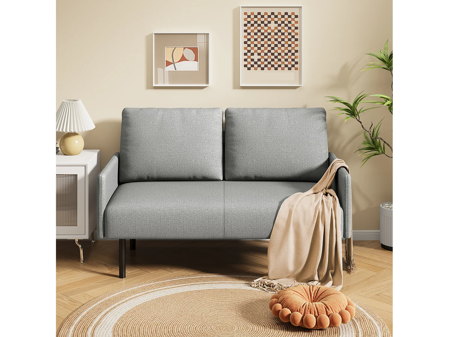 Canapé 2 Places en Tissu avec Coussins, Pieds Hauts Faciles À Nettoyer, Salon, Chambre, Bureau, 122×76×90 cm, Gris Clair