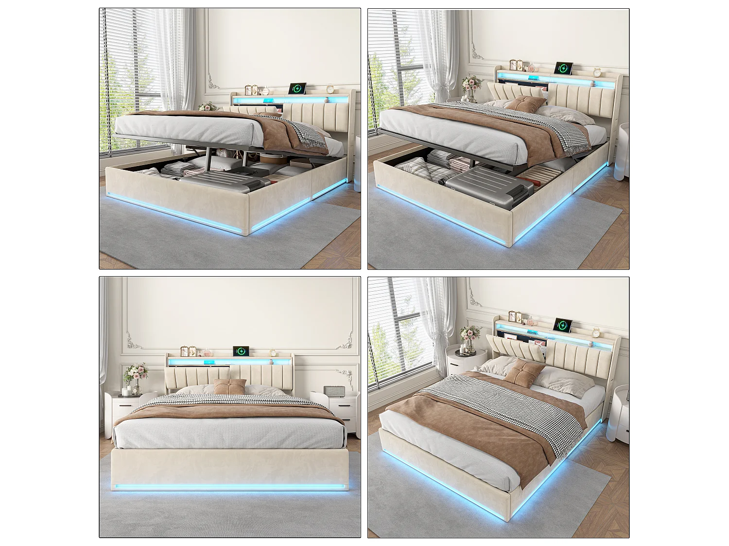 Lit coffre en lin 140x200cm avec LED et ports USB - sommier à lattes - Réservoir hydraulique-beige
