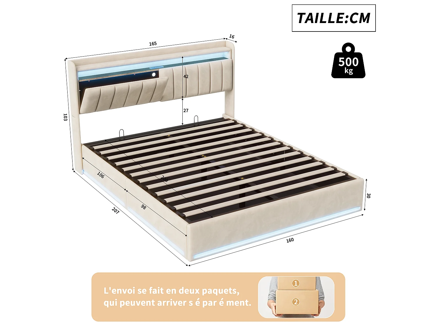 Lit coffre en lin 140x200cm avec LED et ports USB - sommier à lattes - Réservoir hydraulique-beige