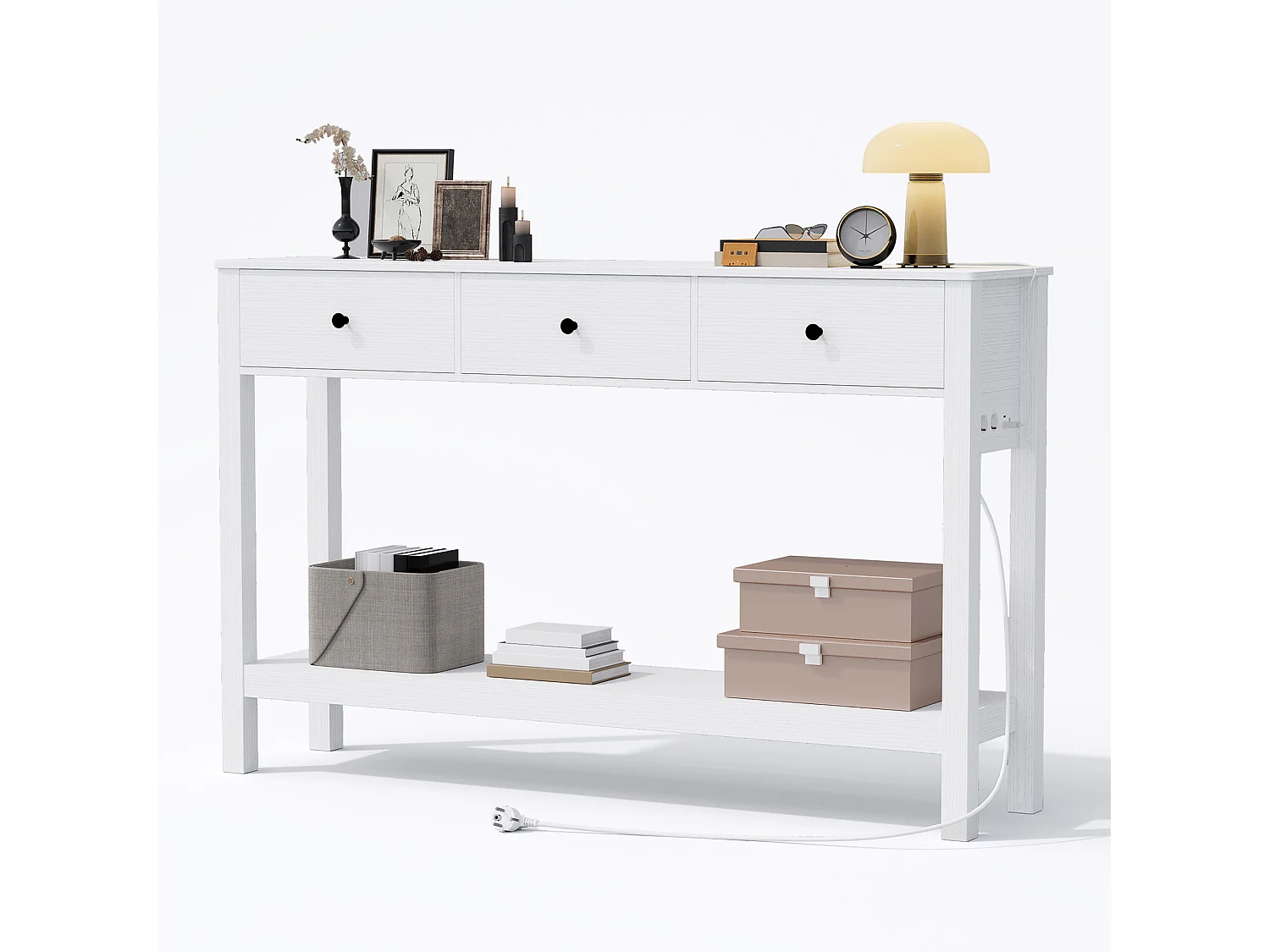 Console d'Entrée Bealife avec Prise de Charge à Gauche ou à Droite, 2 Tiroirs, 1 Étagère de Rangement, Dimensions 130 × 30 × 80 Cm, Blanc