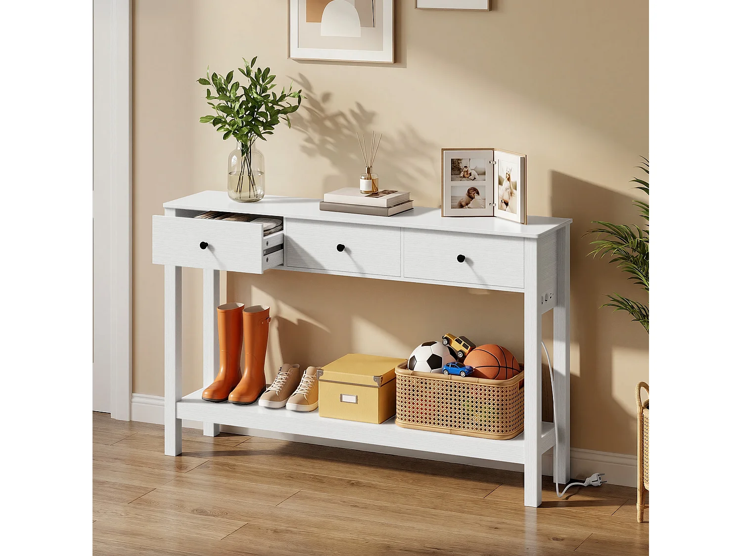 Console d'Entrée Bealife avec Prise de Charge à Gauche ou à Droite, 2 Tiroirs, 1 Étagère de Rangement, Dimensions 130 × 30 × 80 Cm, Blanc