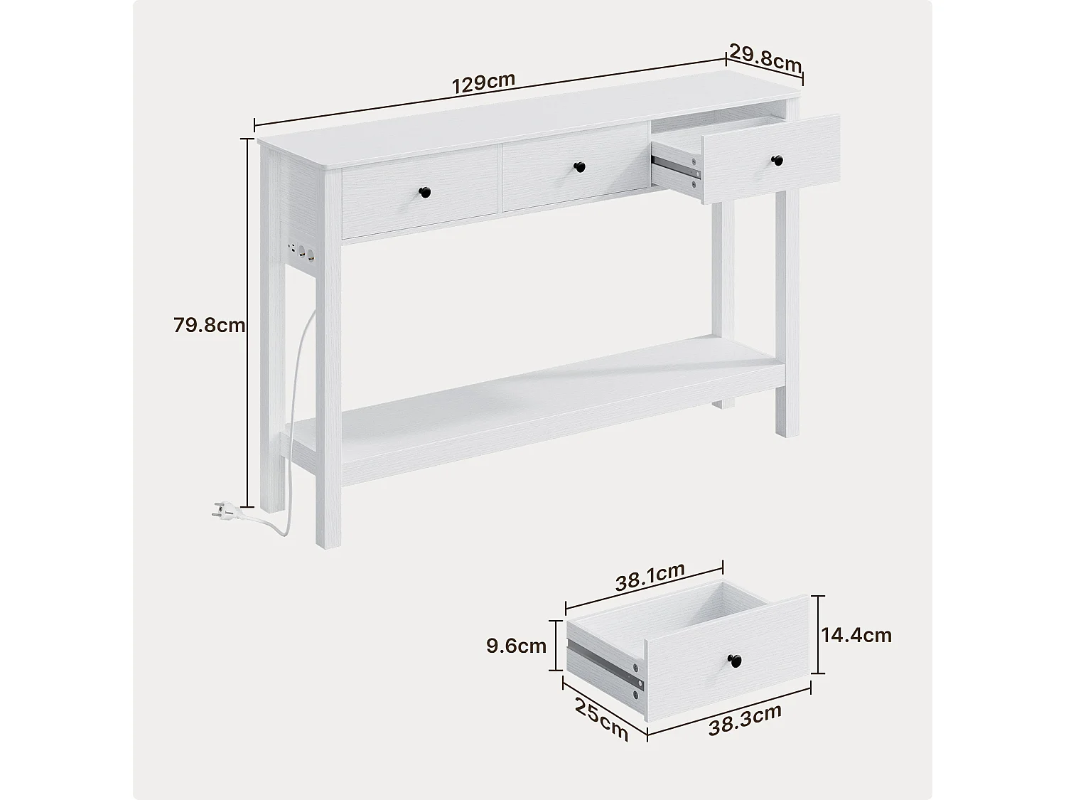Console d'Entrée Bealife avec Prise de Charge à Gauche ou à Droite, 2 Tiroirs, 1 Étagère de Rangement, Dimensions 130 × 30 × 80 Cm, Blanc
