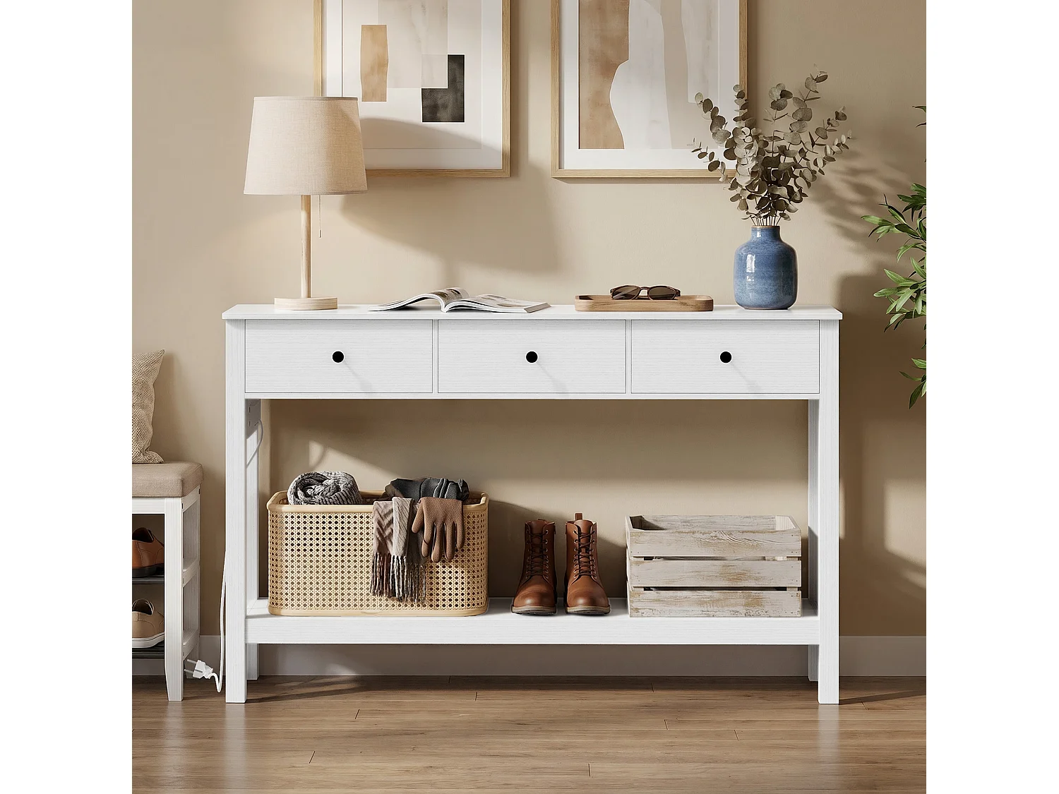 Console d'Entrée Bealife avec Prise de Charge à Gauche ou à Droite, 2 Tiroirs, 1 Étagère de Rangement, Dimensions 130 × 30 × 80 Cm, Blanc