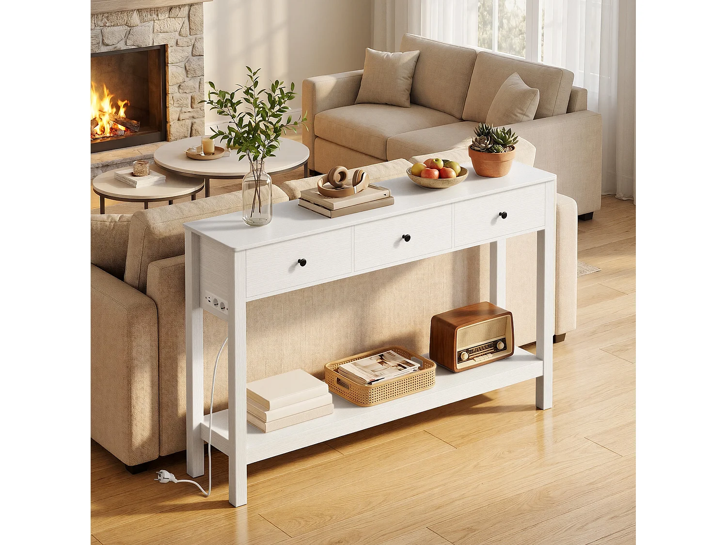 Console d'Entrée Bealife avec Prise de Charge à Gauche ou à Droite, 2 Tiroirs, 1 Étagère de Rangement, Dimensions 130 × 30 × 80 Cm, Blanc