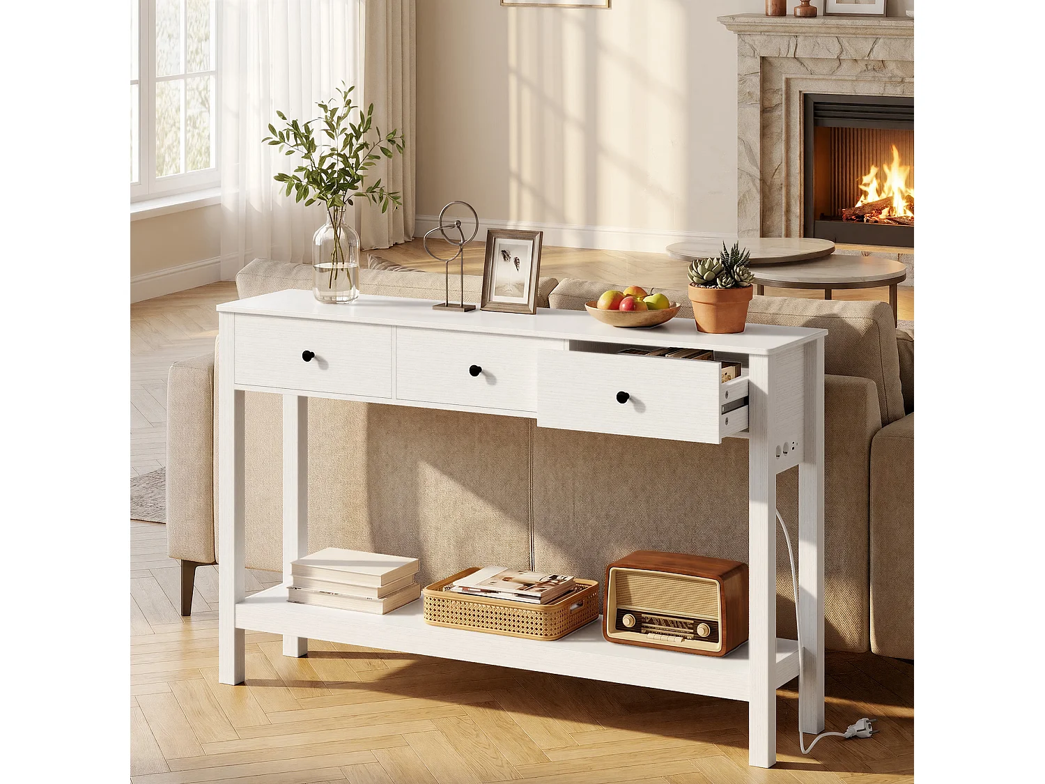 Console d'Entrée Bealife avec Prise de Charge à Gauche ou à Droite, 2 Tiroirs, 1 Étagère de Rangement, Dimensions 130 × 30 × 80 Cm, Blanc