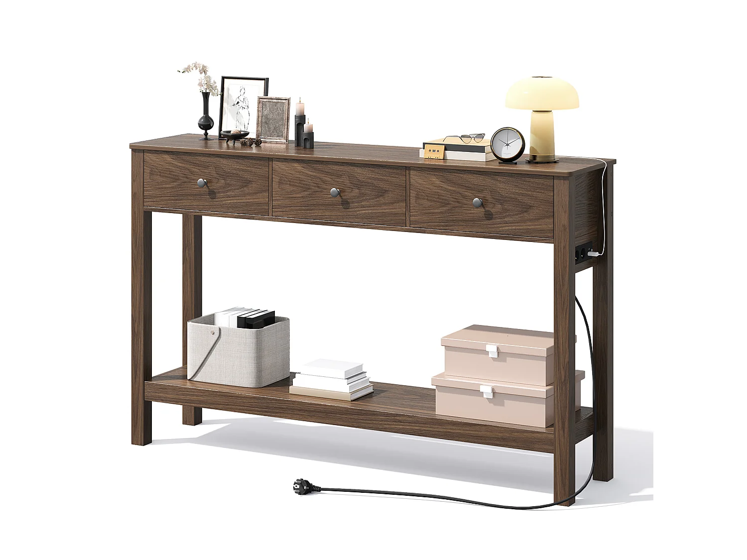 Console d'Entrée Bealife avec Prise de Charge à Gauche ou à Droite, 3 Tiroirs, 1 Étagère de Rangement, Dimensions 130 × 30 × 80 cm, Marron
