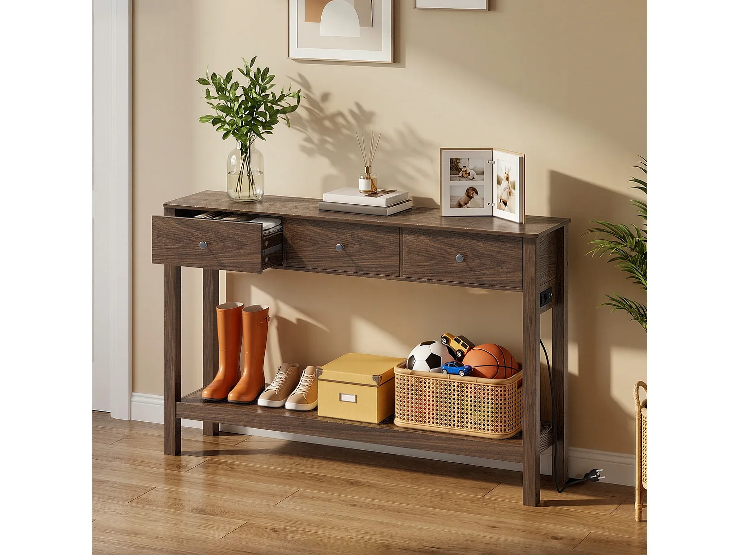 Console d'Entrée Bealife avec Prise de Charge à Gauche ou à Droite, 3 Tiroirs, 1 Étagère de Rangement, Dimensions 130 × 30 × 80 cm, Marron