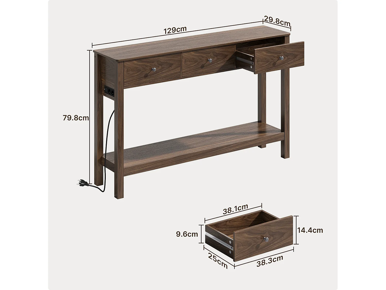 Console d'Entrée Bealife avec Prise de Charge à Gauche ou à Droite, 3 Tiroirs, 1 Étagère de Rangement, Dimensions 130 × 30 × 80 cm, Marron