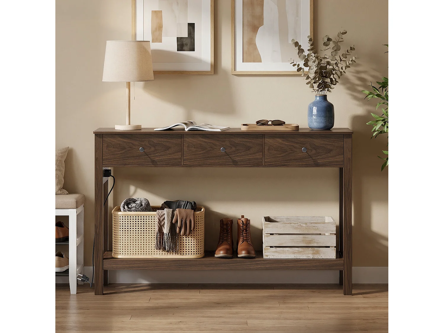 Console d'Entrée Bealife avec Prise de Charge à Gauche ou à Droite, 3 Tiroirs, 1 Étagère de Rangement, Dimensions 130 × 30 × 80 cm, Marron