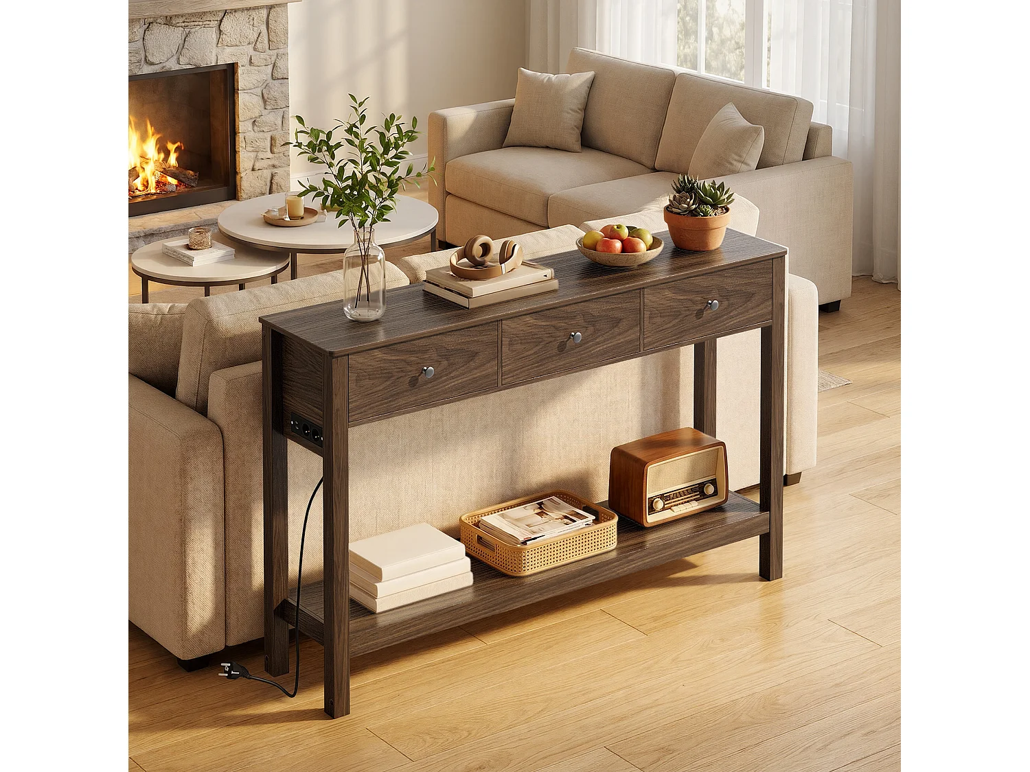 Console d'Entrée Bealife avec Prise de Charge à Gauche ou à Droite, 3 Tiroirs, 1 Étagère de Rangement, Dimensions 130 × 30 × 80 cm, Marron