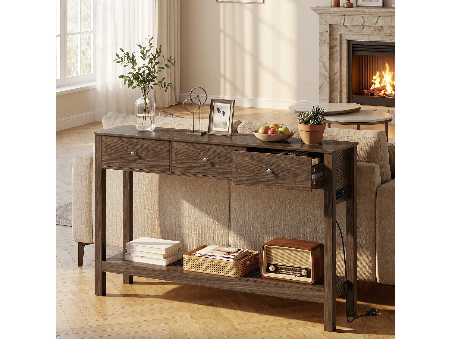Console d'Entrée Bealife avec Prise de Charge à Gauche ou à Droite, 3 Tiroirs, 1 Étagère de Rangement, Dimensions 130 × 30 × 80 cm, Marron