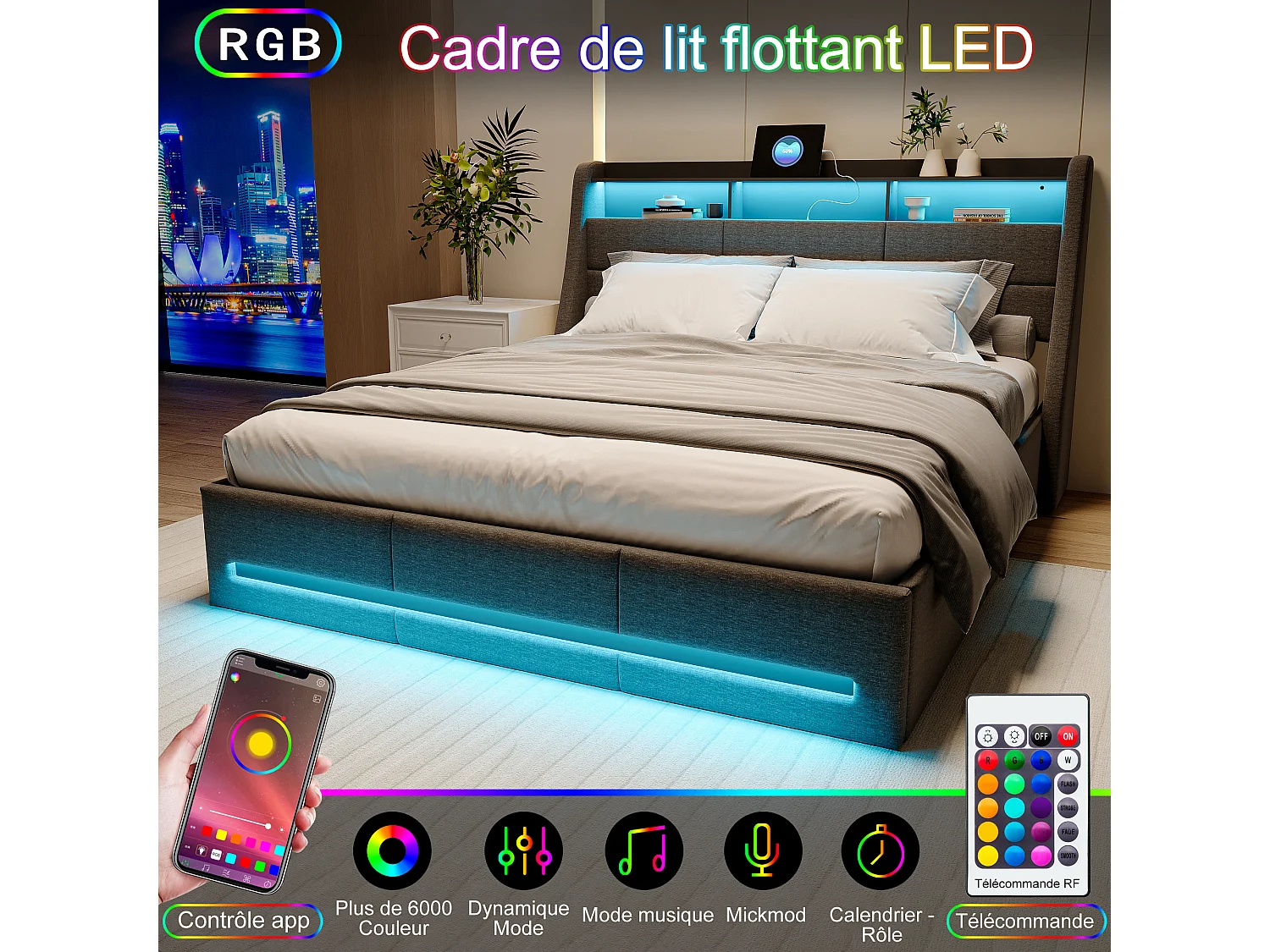 Lit coffre adulte 140x200cm en bois - avec port de chargement USB et Type-C - Réservoir hydraulique - avec sommier à lattes - Gris