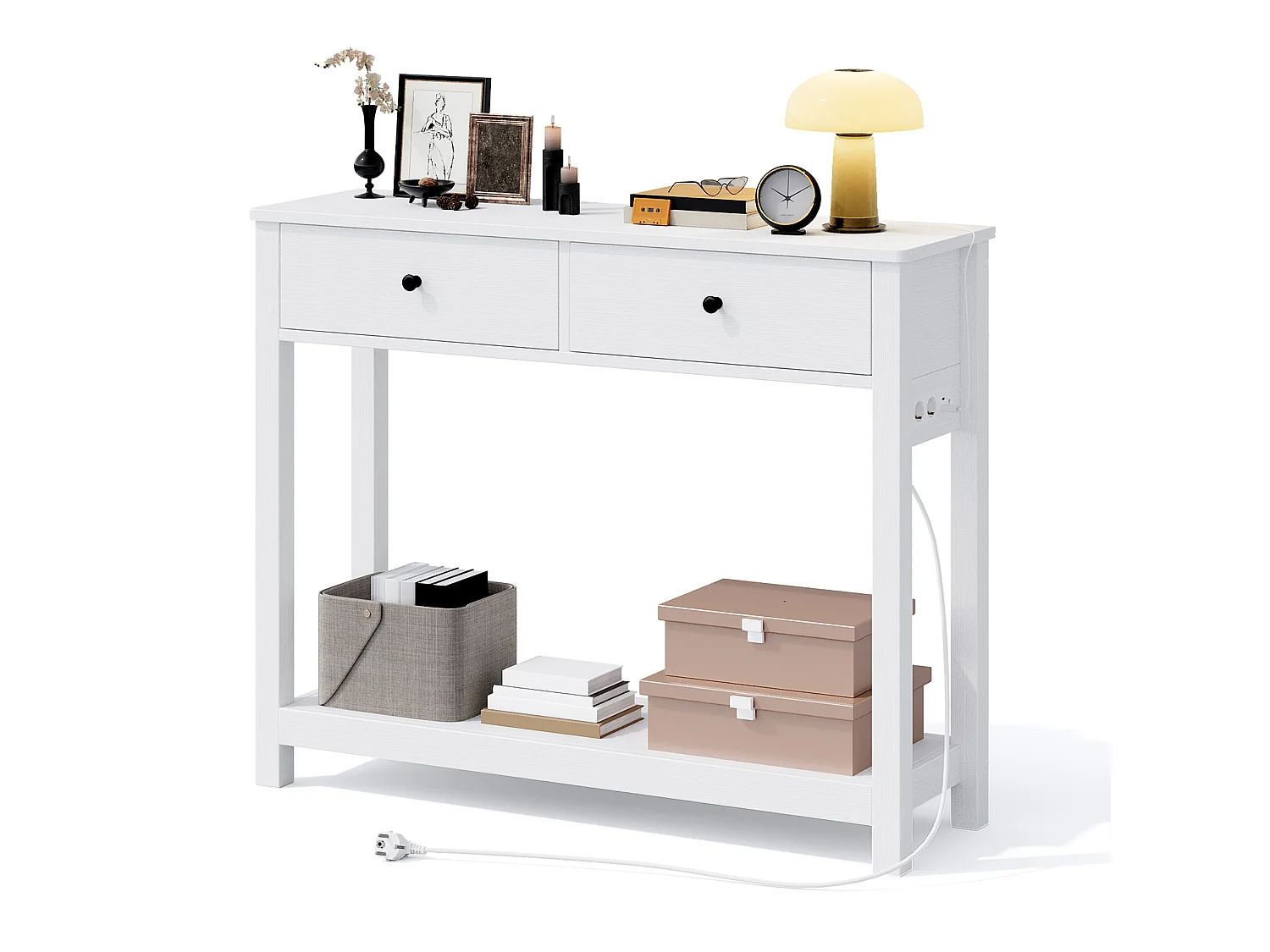 Console d'Entrée Bealife avec Prise de Charge à Gauche ou à Droite, 2 Tiroirs, 1 Étagère de Rangement, Dimensions 100 × 30 × 80 Cm, Blanc