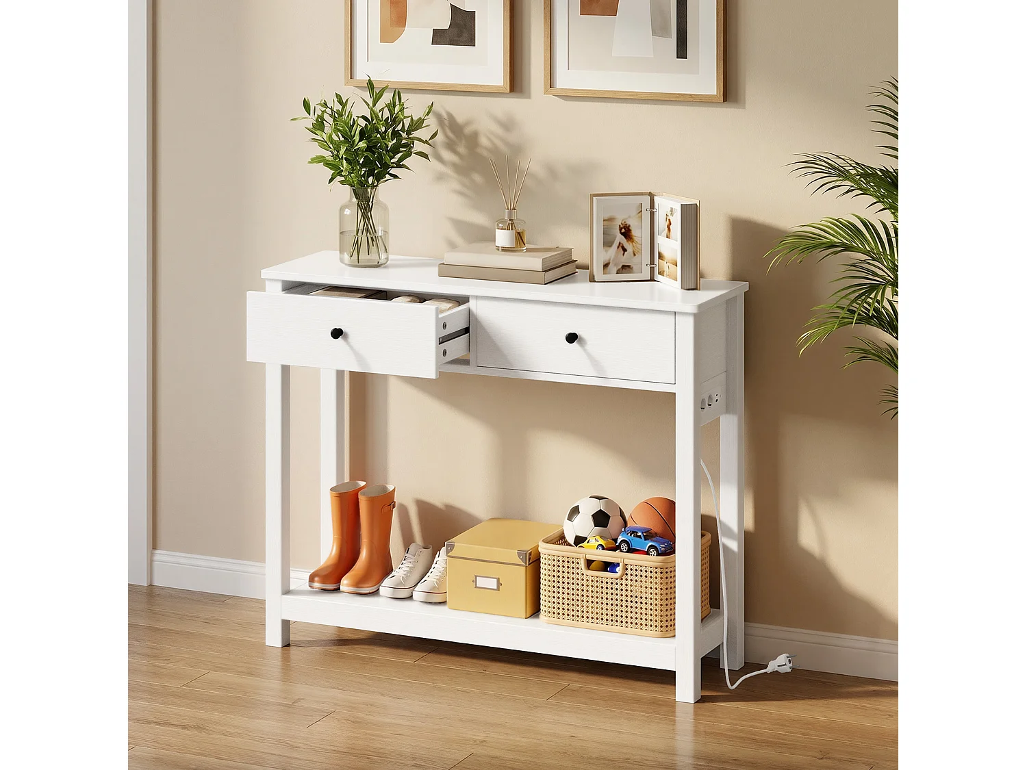 Console d'Entrée Bealife avec Prise de Charge à Gauche ou à Droite, 2 Tiroirs, 1 Étagère de Rangement, Dimensions 100 × 30 × 80 Cm, Blanc