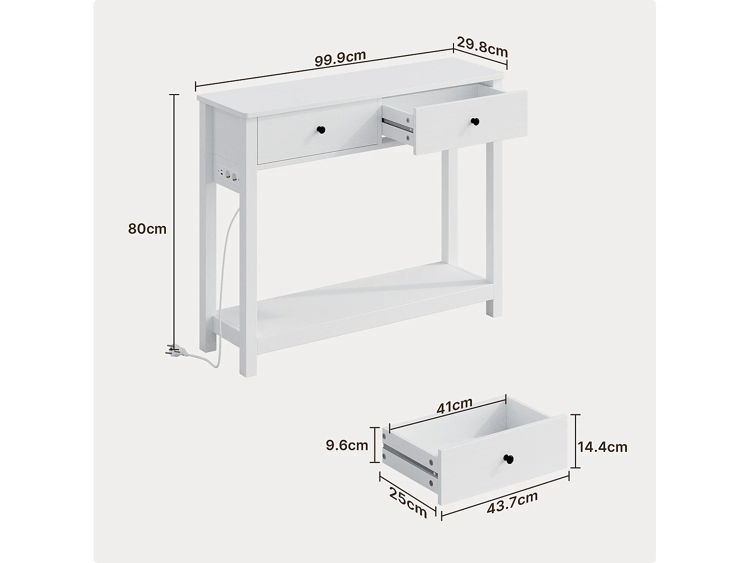 Console d'Entrée Bealife avec Prise de Charge à Gauche ou à Droite, 2 Tiroirs, 1 Étagère de Rangement, Dimensions 100 × 30 × 80 Cm, Blanc