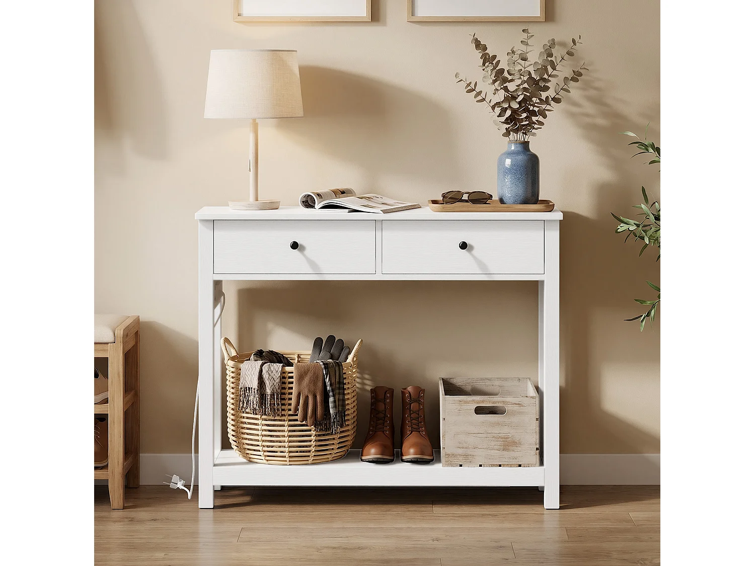 Console d'Entrée Bealife avec Prise de Charge à Gauche ou à Droite, 2 Tiroirs, 1 Étagère de Rangement, Dimensions 100 × 30 × 80 Cm, Blanc