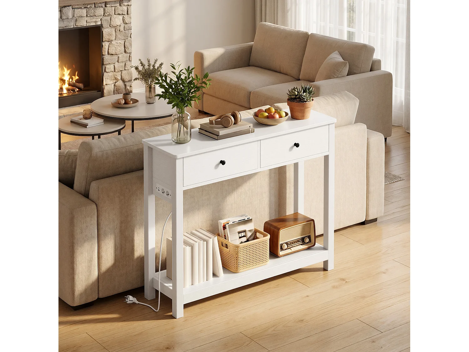Console d'Entrée Bealife avec Prise de Charge à Gauche ou à Droite, 2 Tiroirs, 1 Étagère de Rangement, Dimensions 100 × 30 × 80 Cm, Blanc