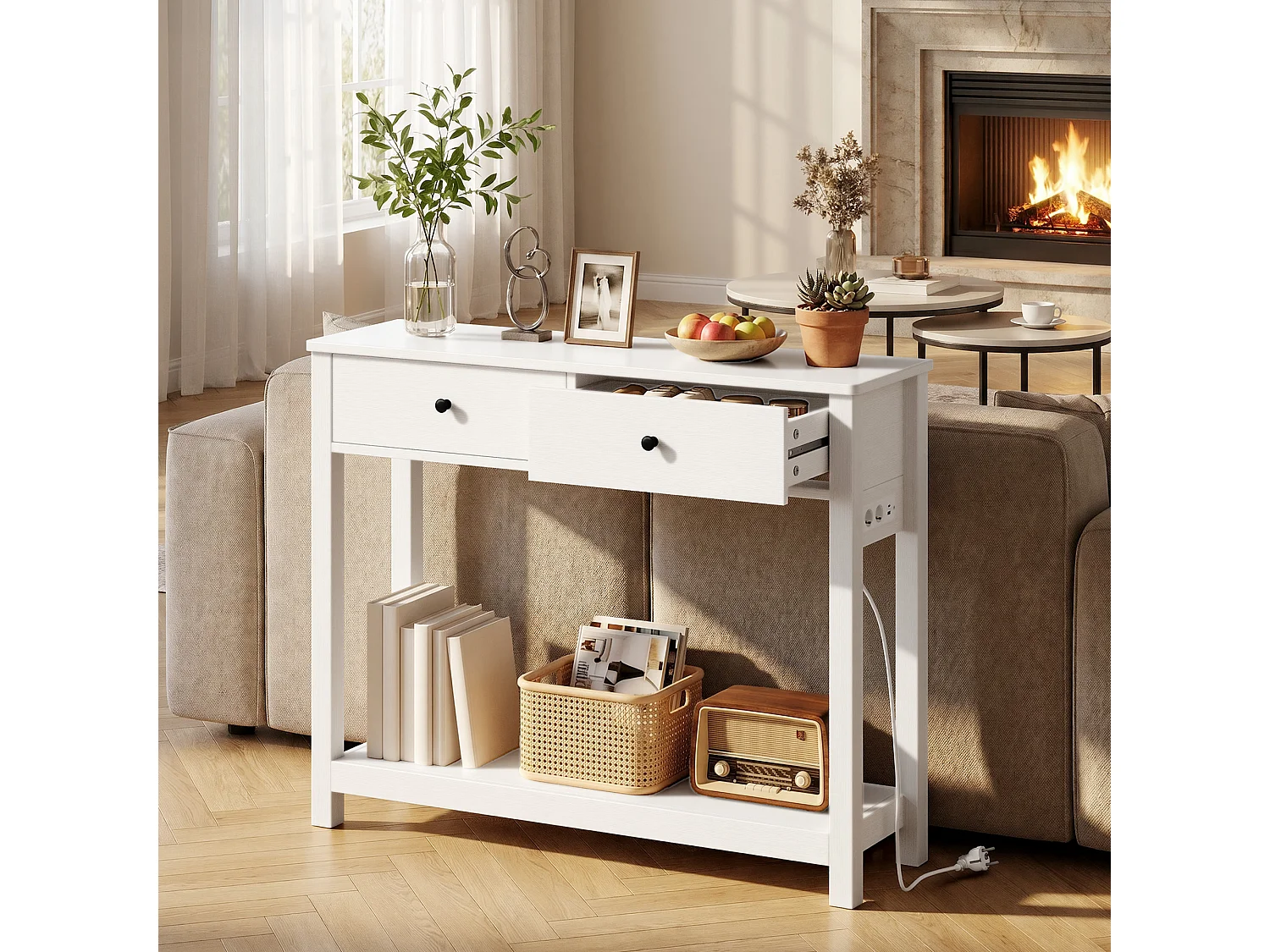 Console d'Entrée Bealife avec Prise de Charge à Gauche ou à Droite, 2 Tiroirs, 1 Étagère de Rangement, Dimensions 100 × 30 × 80 Cm, Blanc
