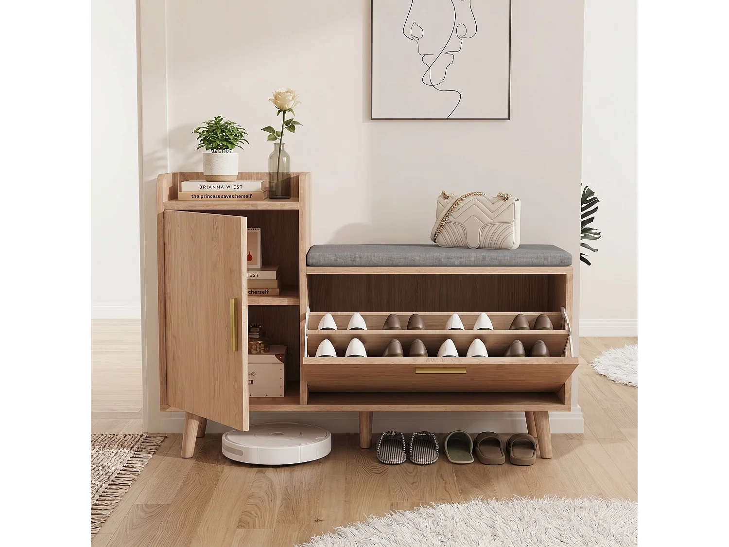 Banc à chaussures moderne avec portes et coussin - pièds et poignées en métal - coloris Naturel - 100x30x69.5cm