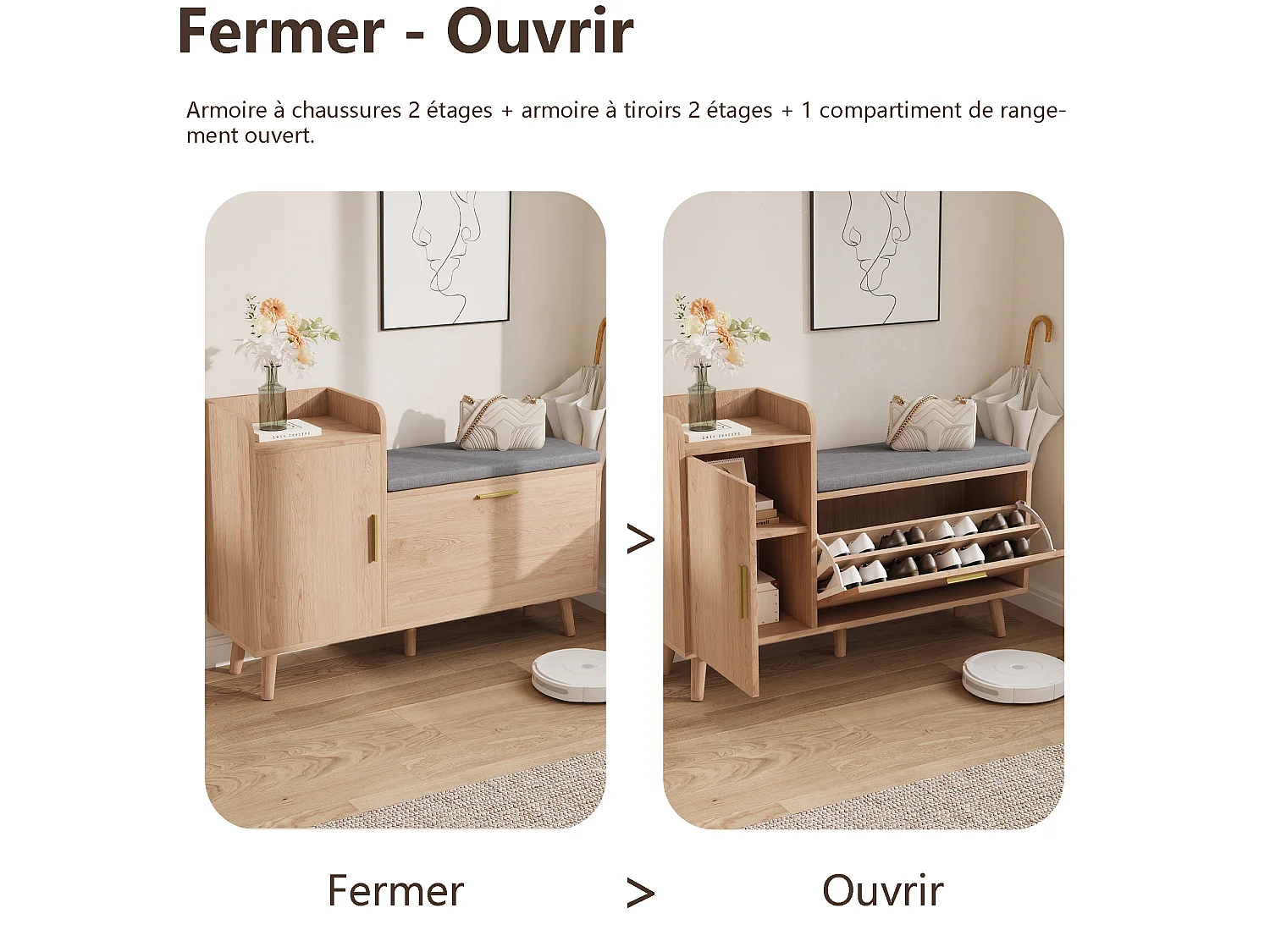 Banc à chaussures moderne avec portes et coussin - pièds et poignées en métal - coloris Naturel - 100x30x69.5cm
