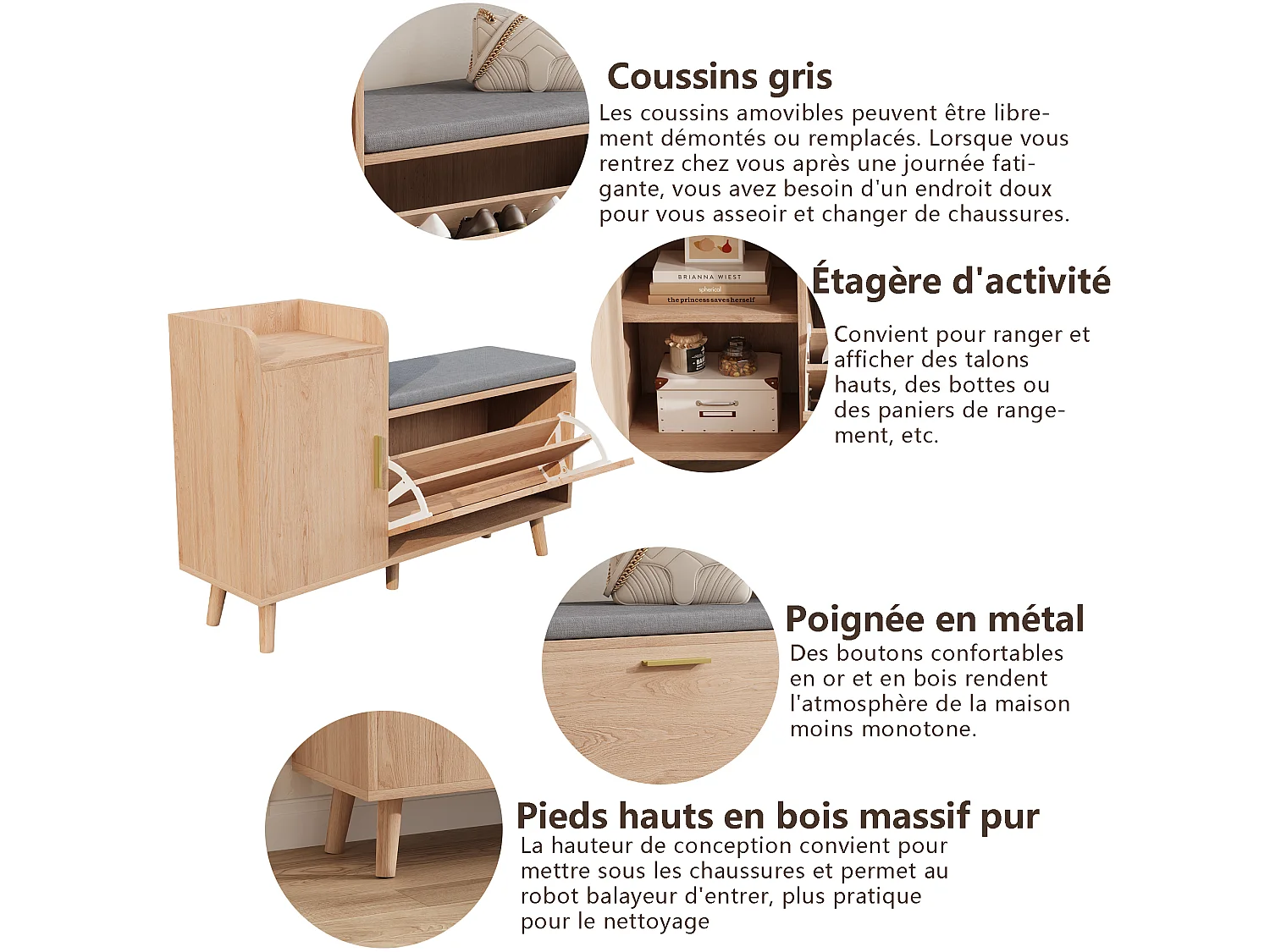 Banc à chaussures moderne avec portes et coussin - pièds et poignées en métal - coloris Naturel - 100x30x69.5cm