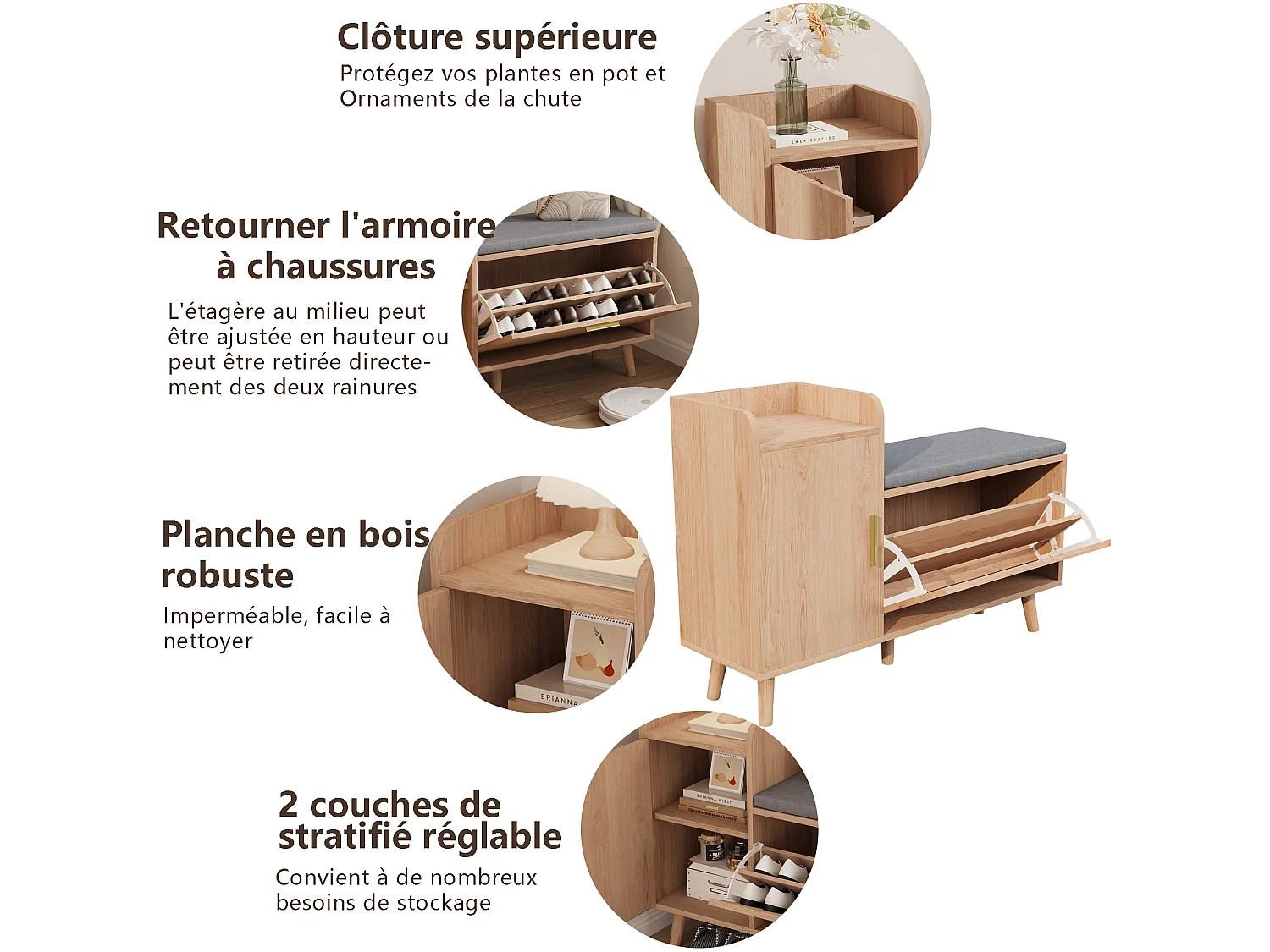 Banc à chaussures moderne avec portes et coussin - pièds et poignées en métal - coloris Naturel - 100x30x69.5cm