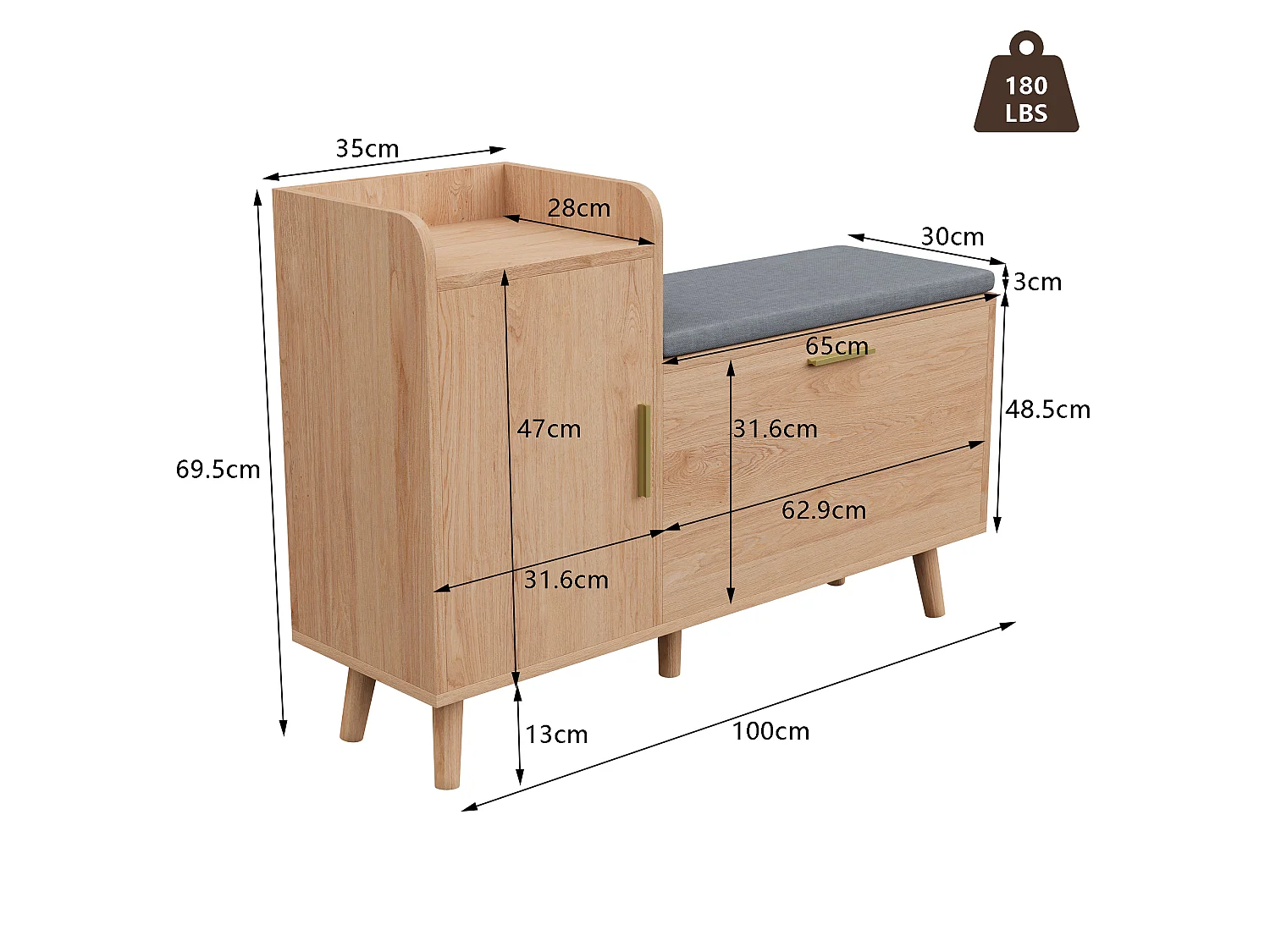 Banc à chaussures moderne avec portes et coussin - pièds et poignées en métal - coloris Naturel - 100x30x69.5cm