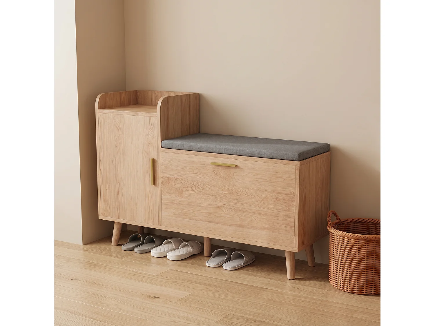 Banc à chaussures moderne avec portes et coussin - pièds et poignées en métal - coloris Naturel - 100x30x69.5cm