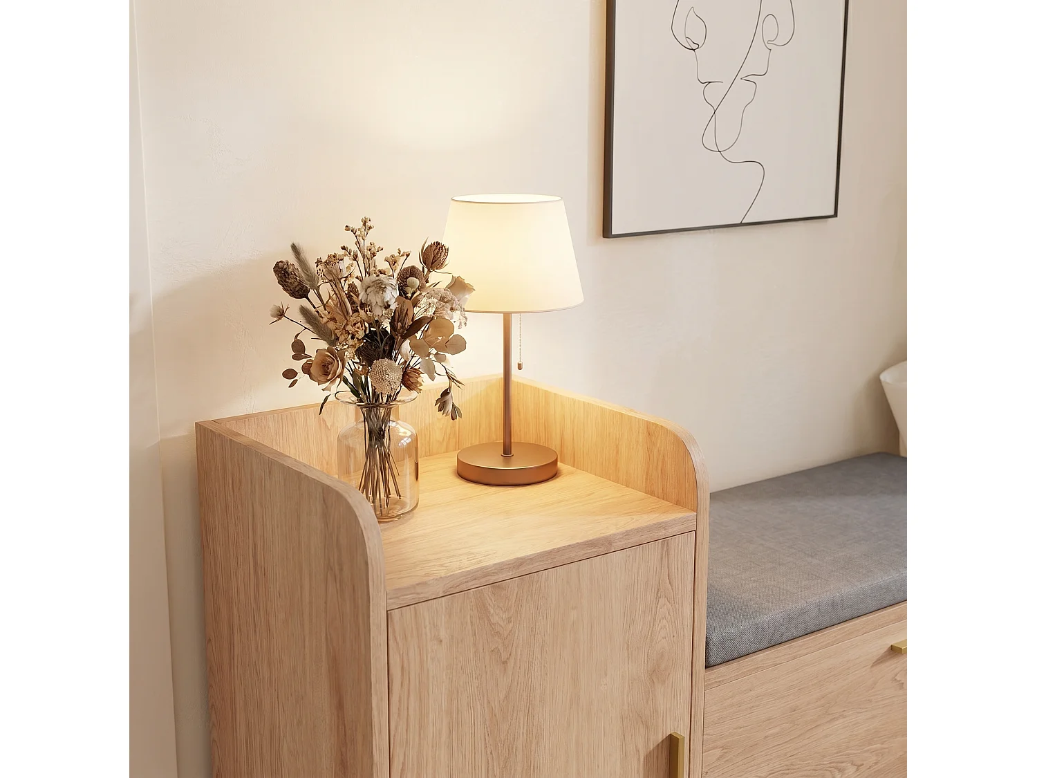 Banc à chaussures moderne avec portes et coussin - pièds et poignées en métal - coloris Naturel - 100x30x69.5cm