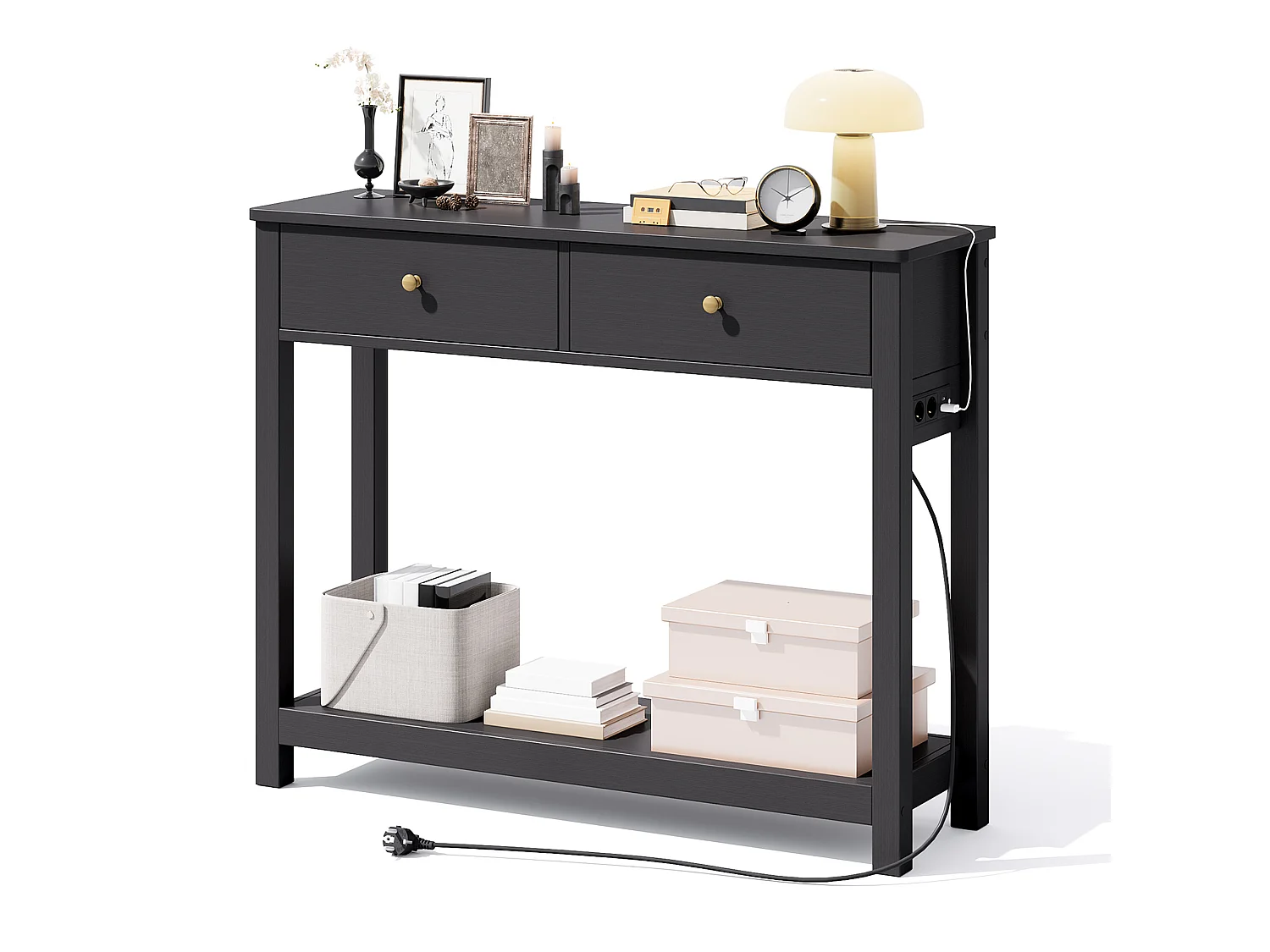Console d'Entrée Bealife avec Prise de Charge à Gauche ou à Droite, 2 Tiroirs, 1 Étagère de Rangement, Dimensions 100 × 30 × 80 Cm, Noir