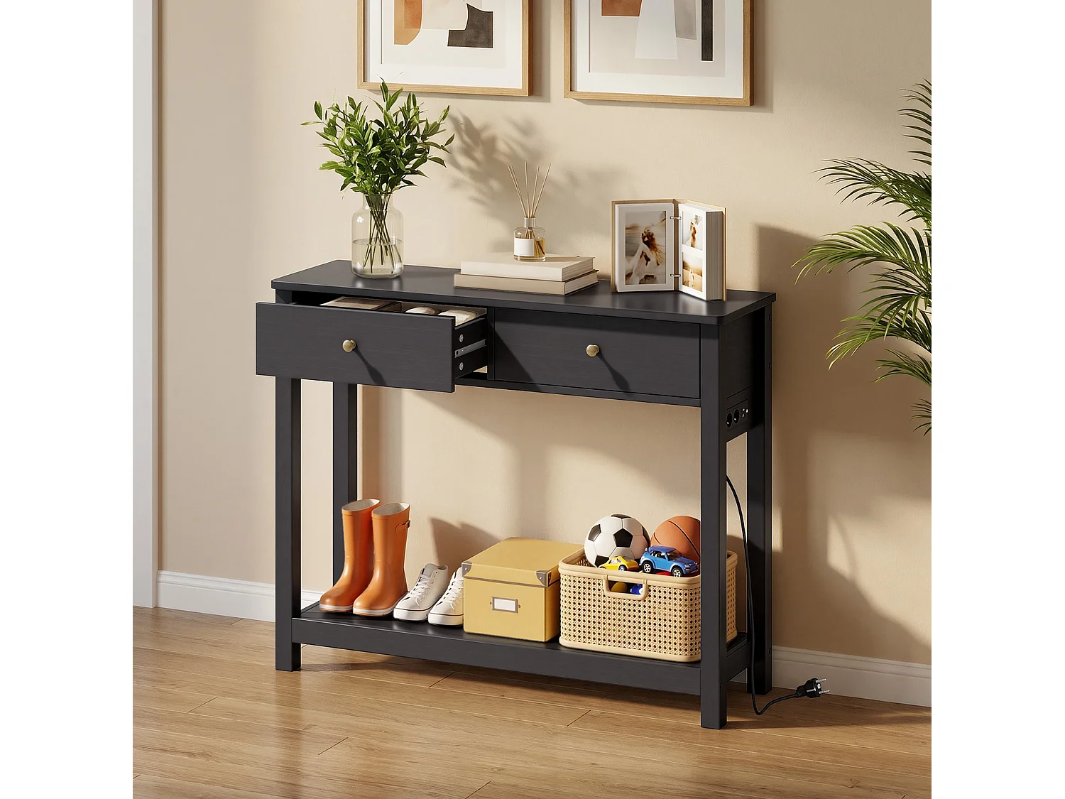Console d'Entrée Bealife avec Prise de Charge à Gauche ou à Droite, 2 Tiroirs, 1 Étagère de Rangement, Dimensions 100 × 30 × 80 Cm, Noir