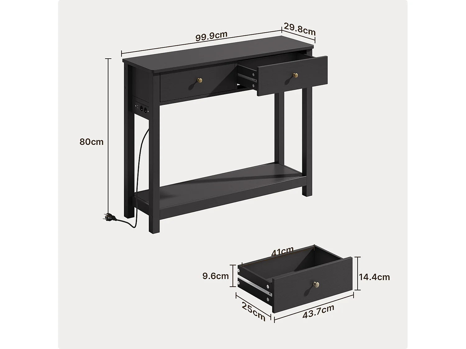 Console d'Entrée Bealife avec Prise de Charge à Gauche ou à Droite, 2 Tiroirs, 1 Étagère de Rangement, Dimensions 100 × 30 × 80 Cm, Noir