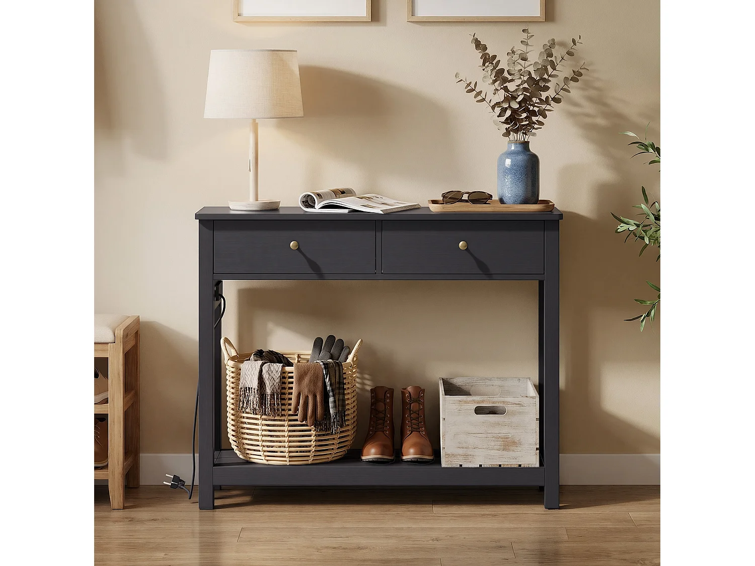 Console d'Entrée Bealife avec Prise de Charge à Gauche ou à Droite, 2 Tiroirs, 1 Étagère de Rangement, Dimensions 100 × 30 × 80 Cm, Noir