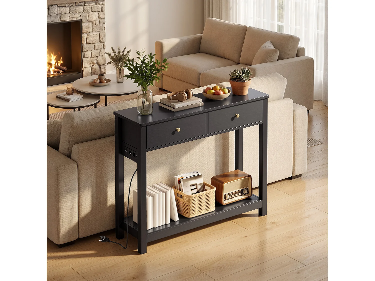 Console d'Entrée Bealife avec Prise de Charge à Gauche ou à Droite, 2 Tiroirs, 1 Étagère de Rangement, Dimensions 100 × 30 × 80 Cm, Noir