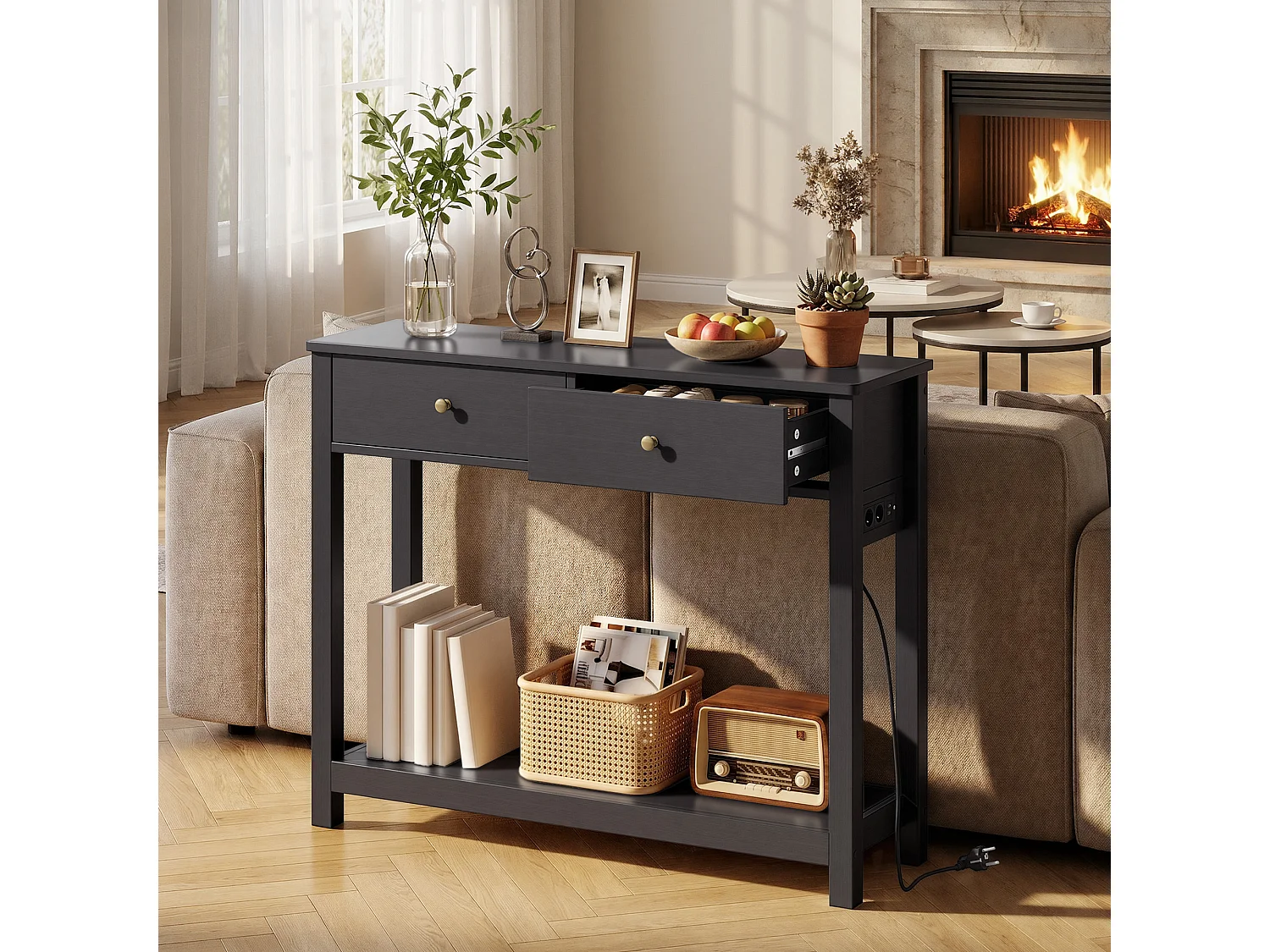 Console d'Entrée Bealife avec Prise de Charge à Gauche ou à Droite, 2 Tiroirs, 1 Étagère de Rangement, Dimensions 100 × 30 × 80 Cm, Noir