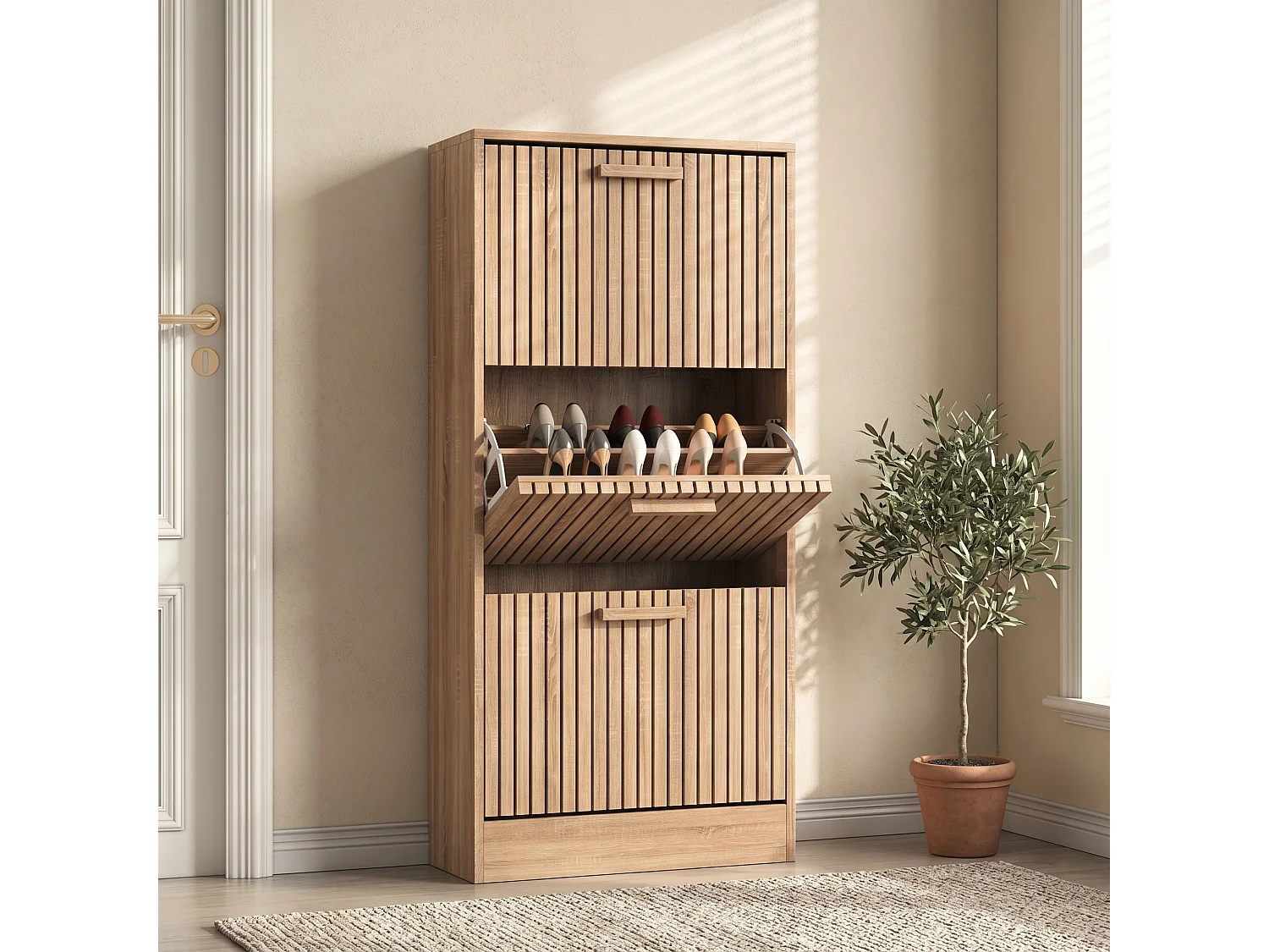 Meuble à Chaussures 3 Portes,Rangement élégant pour entrée ou Salon,60 x 24 x 113 cm,Couleur Bois Naturel