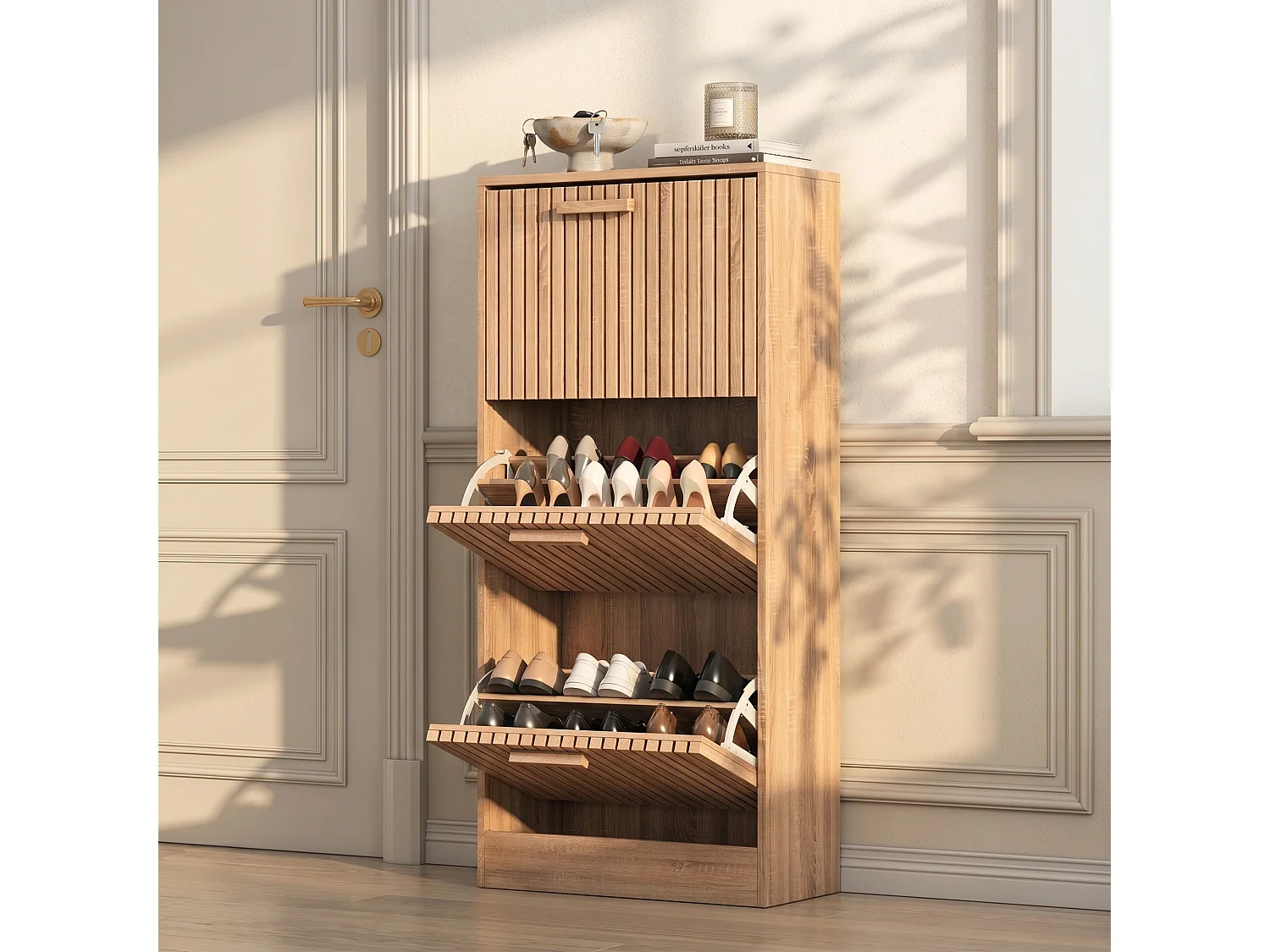 Meuble à Chaussures 3 Portes,Rangement élégant pour entrée ou Salon,60 x 24 x 113 cm,Couleur Bois Naturel