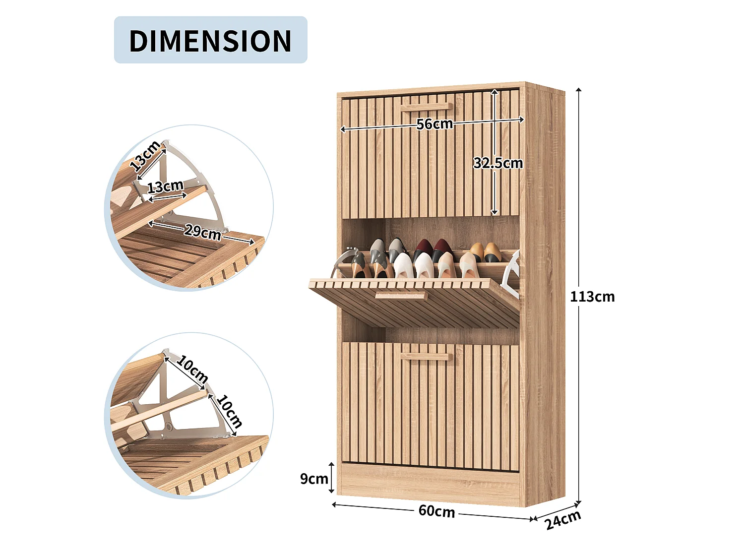 Meuble à Chaussures 3 Portes,Rangement élégant pour entrée ou Salon,60 x 24 x 113 cm,Couleur Bois Naturel