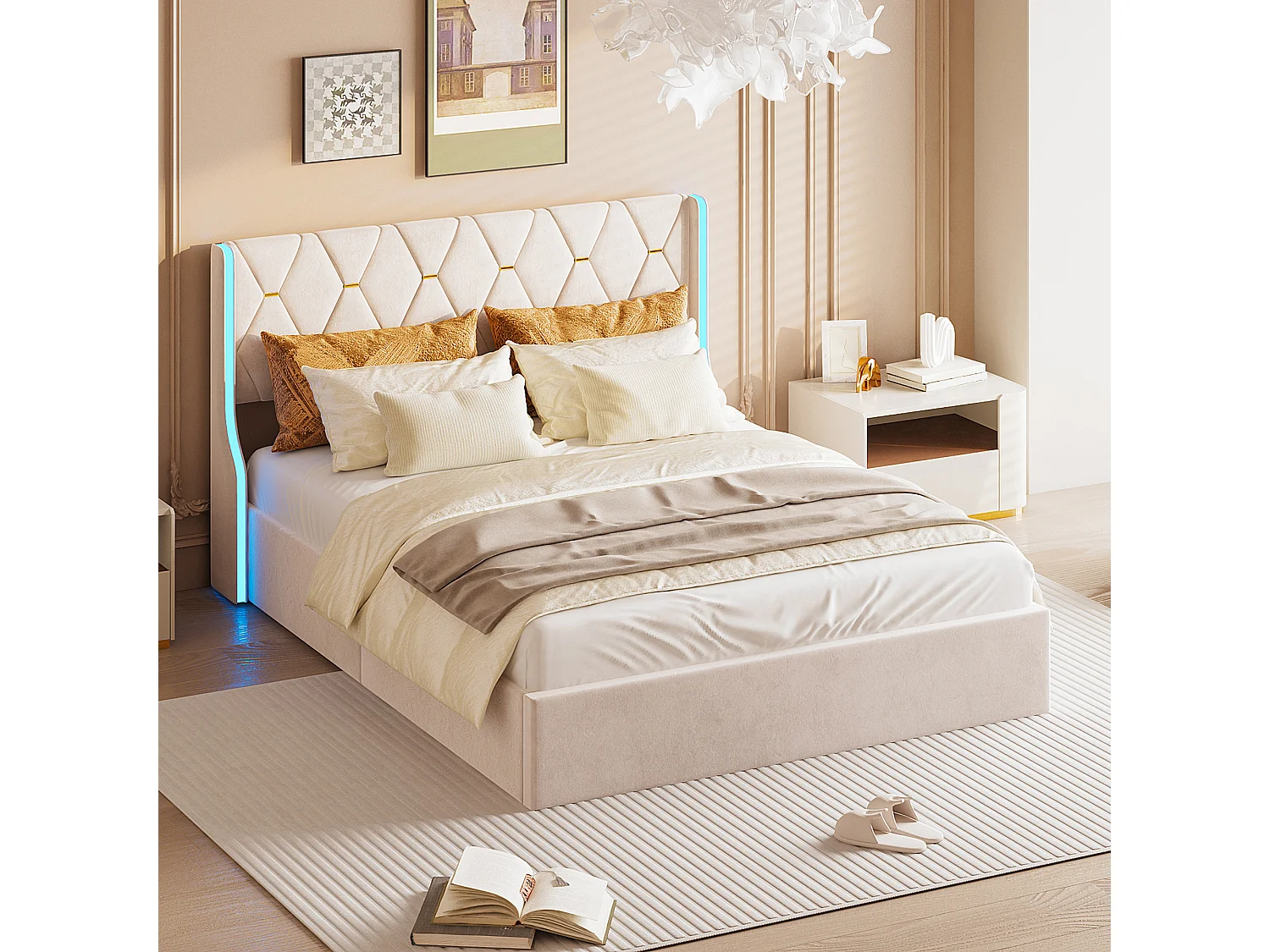 Lit Double Avec Éclairage LED, 140 X 190 Cm, Rangement Hydraulique Et Tête De Lit En Velours. Revêtement Beige, Matelas Non Inclus