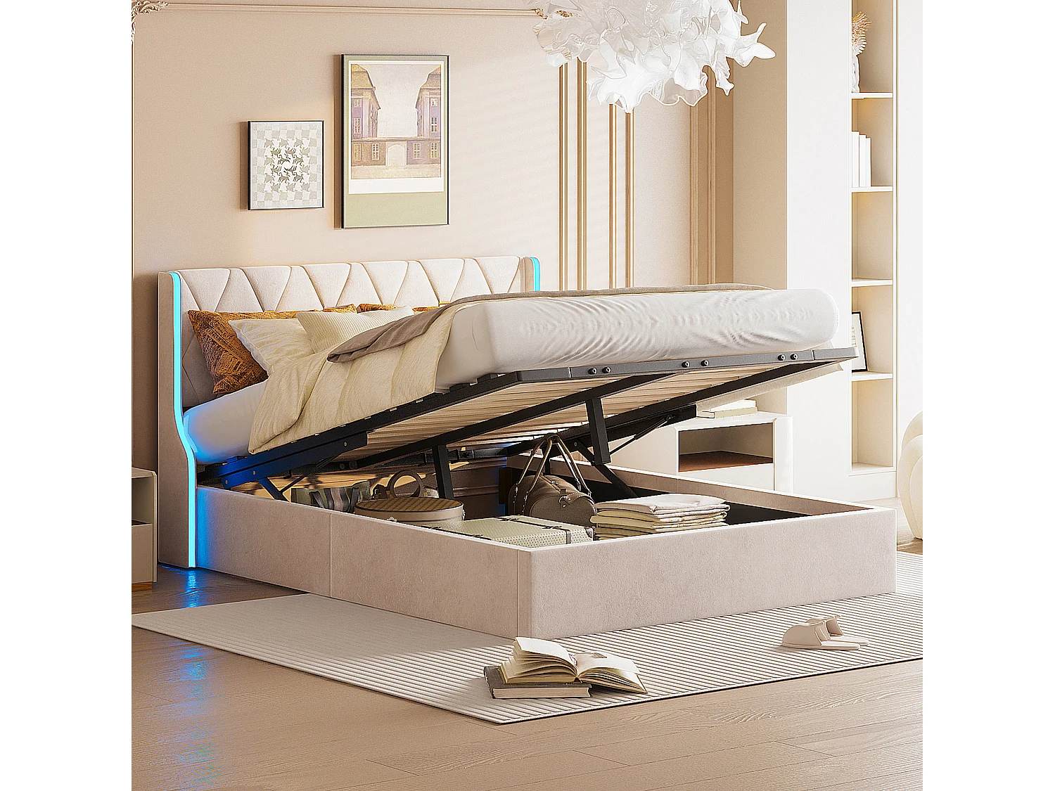 Lit Double Avec Éclairage LED, 140 X 190 Cm, Rangement Hydraulique Et Tête De Lit En Velours. Revêtement Beige, Matelas Non Inclus