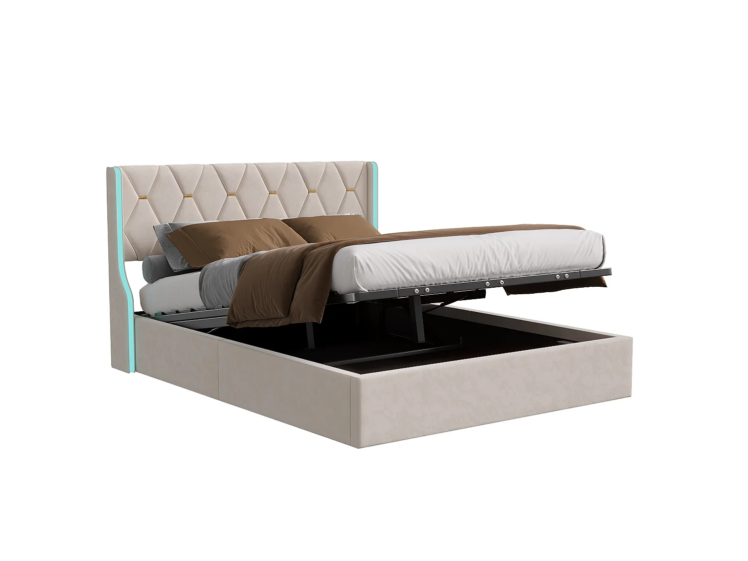 Lit Double Avec Éclairage LED, 140 X 190 Cm, Rangement Hydraulique Et Tête De Lit En Velours. Revêtement Beige, Matelas Non Inclus