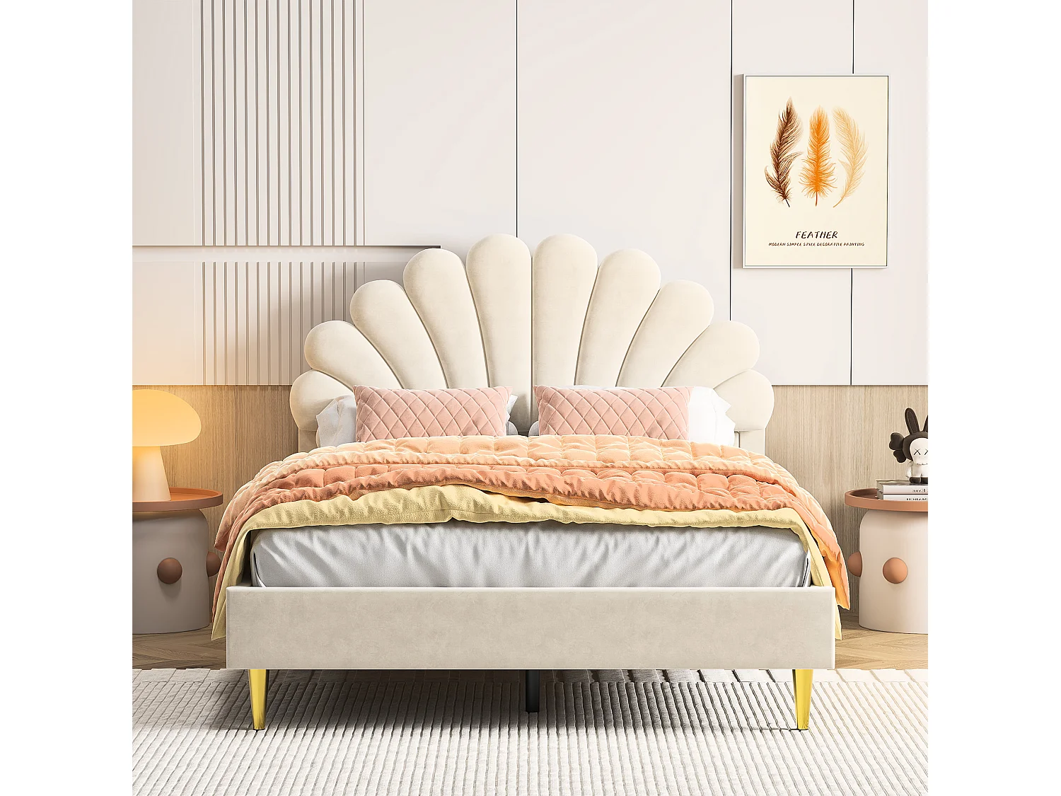 Tweepersoonsbed 140x200 cm, gestoffeerd bed met hoofdbord met bloemenpatroon en lattenbodem, beige fluweel, matras niet inbegrepen